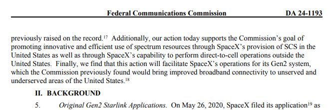 Significant <a href="/FCC/">FCC</a> action on <a href="/Starlink/">Starlink</a>. VLEO altitudes and D2D authorized. Item here: docs.fcc.gov/public/attachm….