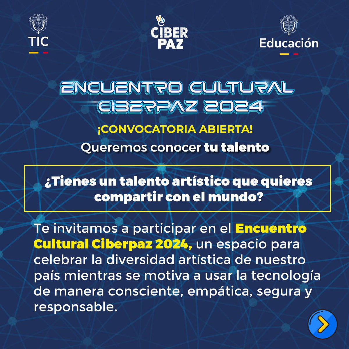 ElizbethCristi7's tweet image. ¿Sabías que tu talento puede ser el centro de atención? 🌟
El Encuentro Cultural #CiberPaz 2024 abre sus puertas para artistas colombianos de todas las disciplinas. ¡Participa y lleva tu arte al siguiente nivel!
🎨 Inscríbete hasta el 1 de diciembre: ciberpaz.gov.co