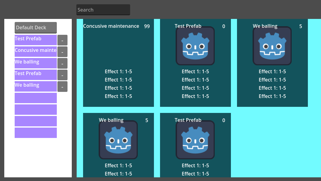 exas4000's tweet photo. Card gallery project has been going steady! Search bar to go by name, generating the galery itself too to show a scrolling list and a lil thing to name and build a deck... minus saving but that is the easy part! #GodotEngine https://t.co/UQN8rzOcVP