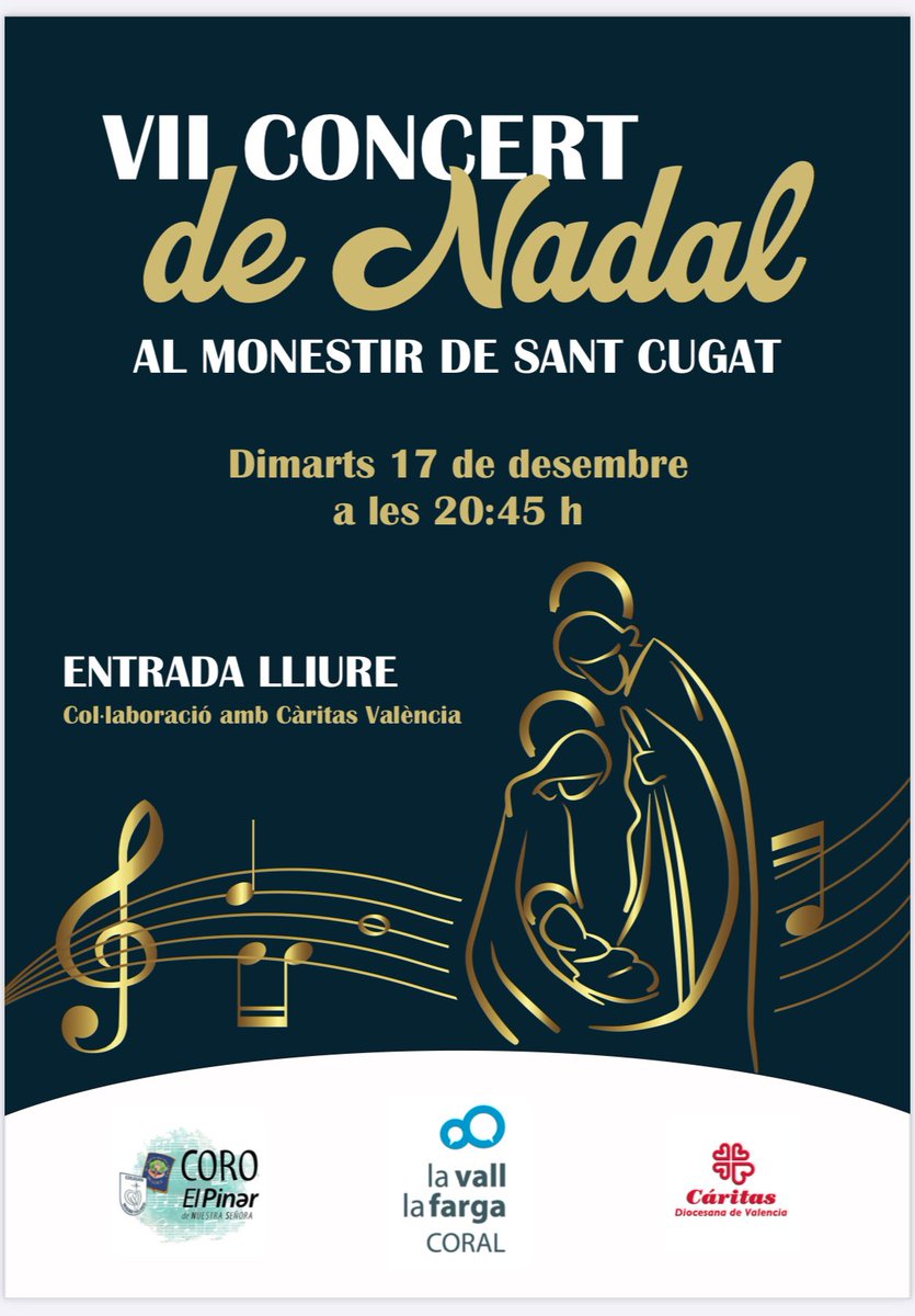 GRAN CONCERT DE NADAL SOLIDARI AMB VALÈNCIA AL MONESTIR DE SANT CUGAT EL DIMARTS 17 de Desembre❄️
Us esperem a tots!!! <a href="/josepmvalles/">Josep Maria Vallès</a> <a href="/jjcortesgarcia/">Juanjo Cortés García</a>