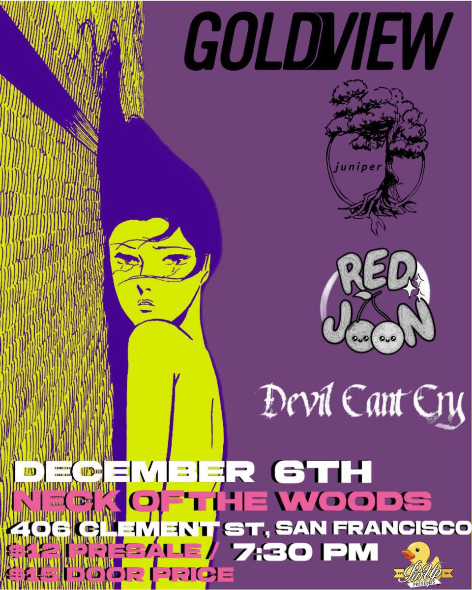 Goldview (@goldviewca) on Twitter photo Ryanโs been playing with us for 3 years! His fav band is <a href="/falloutboy/">Fall Out Boy</a> He plays in another band too called <a href="/thanksihateitca/">thanks! i hate it</a> ๐ธCome see us Dec. 6!
Date: Friday, December 6, 2024
Location: Neck of the Woods in San Francisco
Time: Doors 7:30/Show 8:00
Tickets: $12 advance/$15 doors Ryanโs been playing with us for 3 years! His fav band is <a href="/falloutboy/">Fall Out Boy</a> He plays in another band too called <a href="/thanksihateitca/">thanks! i hate it</a> ๐ธCome see us Dec. 6!
Date: Friday, December 6, 2024
Location: Neck of the Woods in San Francisco
Time: Doors 7:30/Show 8:00
Tickets: $12 advance/$15 doors