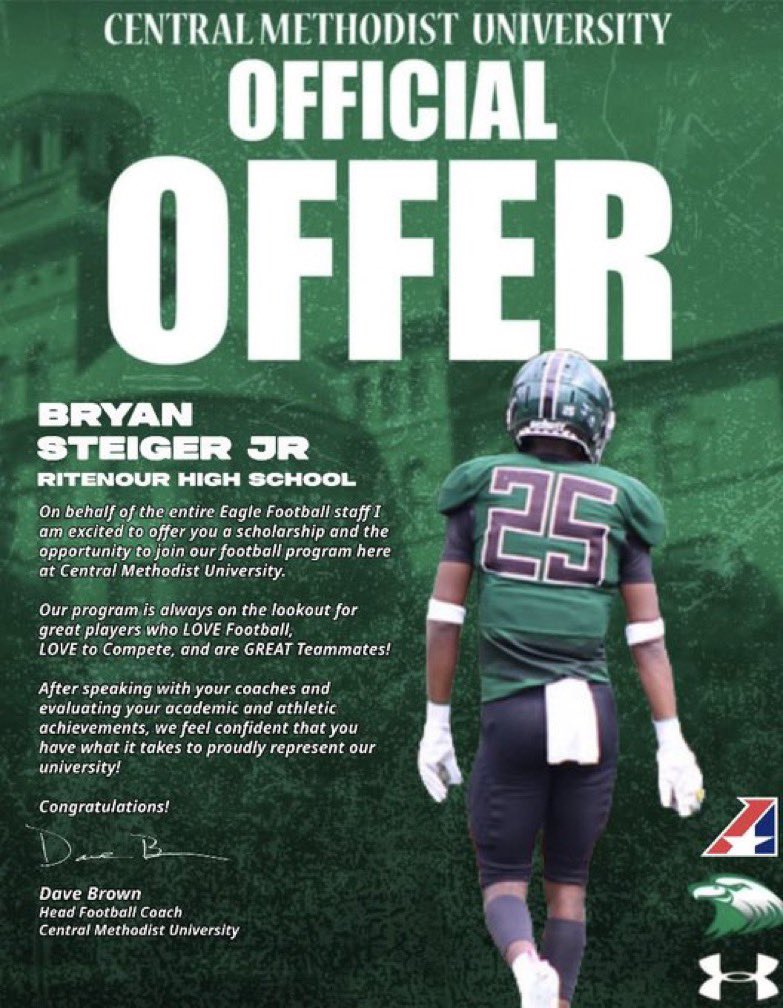 After a great conversation with <a href="/coachbenson_/">Cal Benson</a> I’m blessed to receive my 3rd offer to play at the next level <a href="/cmueaglesFB/">Central Methodist Football</a> grateful for this opportunity <a href="/RitenourFball/">Yarmon Kirksey Sr.</a> <a href="/JPRockMO/">JP Rock</a> <a href="/GSV_STL/">Gateway Sports Venue</a> <a href="/NateLatsch/">Nate Latsch</a> <a href="/AllenTrieu/">Allen Trieu</a> 
#TrustTheProcess