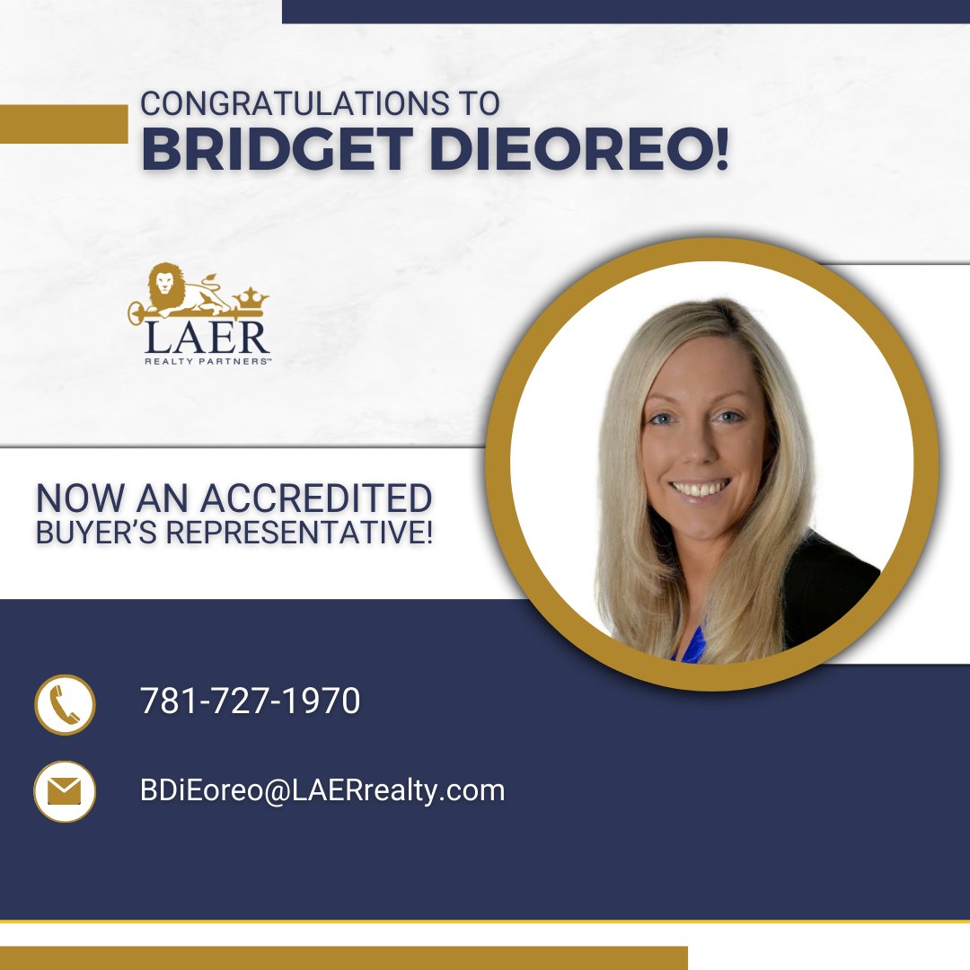 We are THRILLED to be sharing that Bridget DiEoreo of The Results Group in our #Tewksbury office 🦁 has earned the Accredited Buyer's Representative designation through NAR! 👏 Congratulations, Bridget! We are SO proud of you! ✨ #ABR®
.
.
.
#LAER #LAERrealty #realestate #rea ...