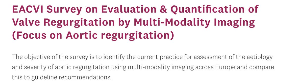 Giulia Vinco (@giulia_vinco) on Twitter photo 🚨 EACVI Survey on Evaluation & Quantification of Aortic Regurgitation by Multi-Modality Imaging
‼️Help us identify current practices for assessing aortic regurgitation worldwide 🌎
⏰It takes only 5 minutes!
👉🔗lnkd.in/dCV3wf6z
<a href="/EACVIPresident/">EACVI President</a> <a href="/escardio/">European Society of Cardiology</a> #EACVI 🚨 EACVI Survey on Evaluation & Quantification of Aortic Regurgitation by Multi-Modality Imaging
‼️Help us identify current practices for assessing aortic regurgitation worldwide 🌎
⏰It takes only 5 minutes!
👉🔗lnkd.in/dCV3wf6z
<a href="/EACVIPresident/">EACVI President</a> <a href="/escardio/">European Society of Cardiology</a> #EACVI