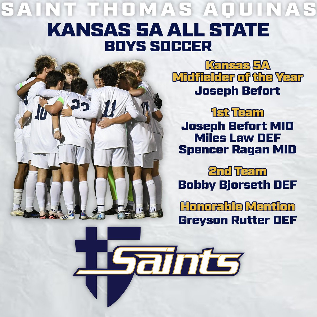 Congratulations to our Saints Soccer players being named to the Kansas 5A All-State Soccer Team! #stasaints #GoAquinasSaints <a href="/stasaints_BSCR/">Dan Brown</a>
