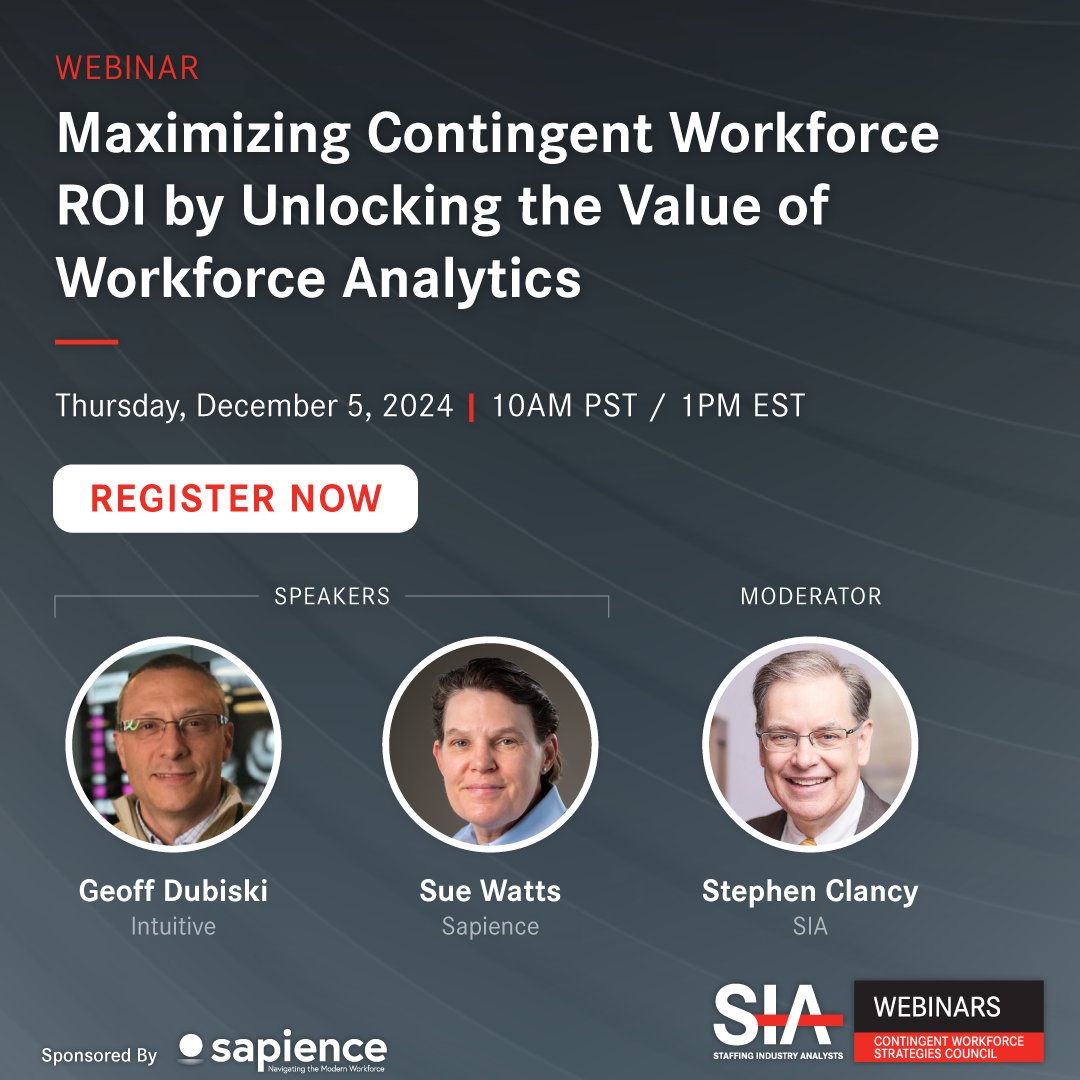 SIAnalysts's tweet image. Don’t miss this unique session, sponsored by @Sapience , demonstrating how to achieve greater transparency,  control, and strategic alignment with your vendors using analytics. Register today&amp;gt;&amp;gt; lnkd.in/gVtXZiUV #staffing #contingentworkforce #workforceanalytics #VMS
