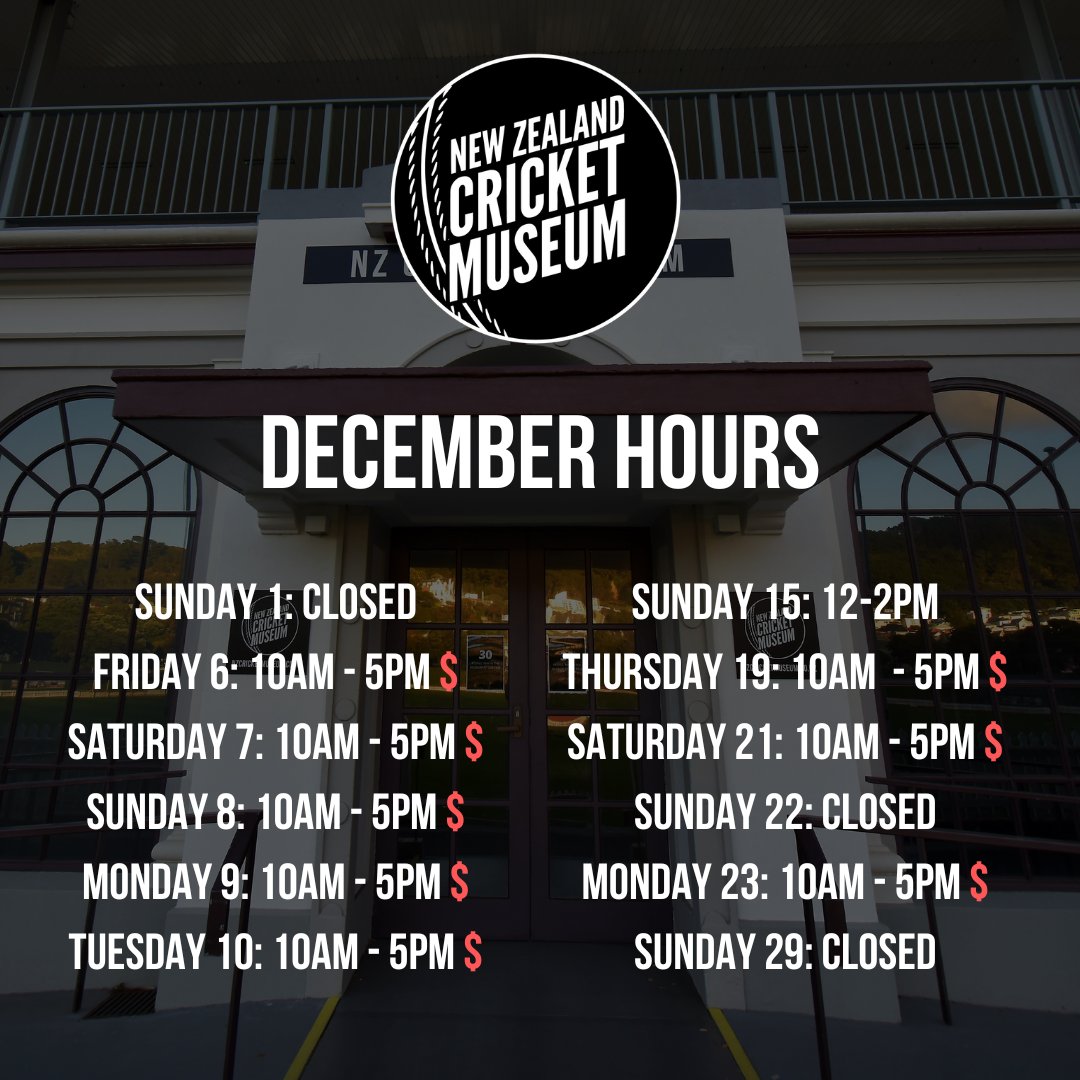 In December we're open during the <a href="/BLACKCAPS/">BLACKCAPS</a> Test vs England and the <a href="/WHITE_FERNS/">WHITE FERNS</a> ODIs vs Australia. Ticket holders, drop in when you're ready for a break from the sun!

We're closed on some regular Sundays for grounds prep, but are open to the public on Sun 15. See you soon. 🏏