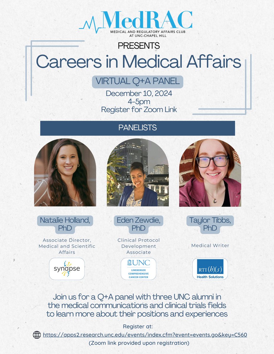 UNCMedRAC's tweet photo. MedRAC is excited to present: Medical Affairs Career Panel (Virtual Q+A) on Dec 10 from 4-5p!
This event will feature UNC PhD alumni Natalie Holland, Eden Zewdie, and Taylor Tibbs, who are working in medical communications and clinical trials.
Register at:
https://t.co/hOJNx5qner https://t.co/SLSJOFXZbr
