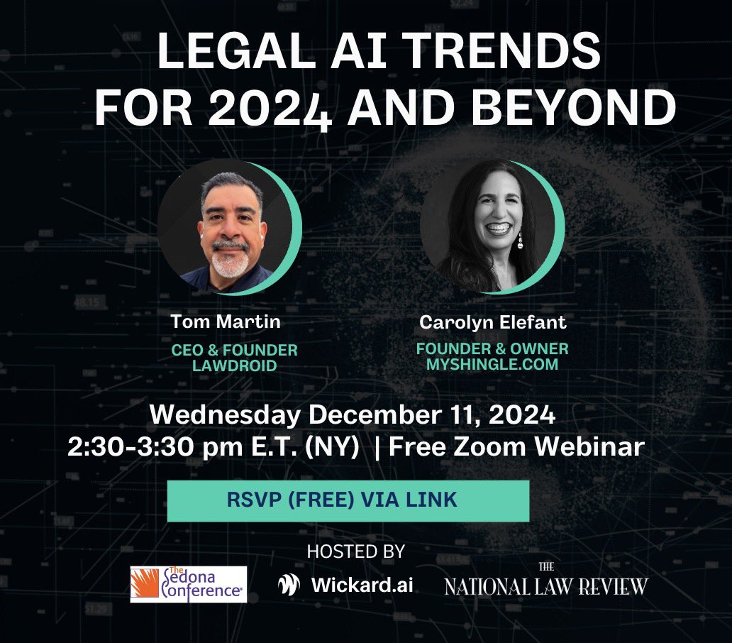 lawdroid's tweet photo. 2024 has been an AI avalanche 🤖🏔️.. Want to get up speed on the important tidbits all at once?

I am honored to share the stage with Carolyn Elefant @carolynelefant and we’re going to help you learn all the things. We hope to see you there!

•Legal AI Trends for 2024 and Beyond - 02:30 PM - 03:30 PM ET
oRSVP: https://t.co/axRFQUx0yT 
oHosted by https://t.co/4JXDYEn3D2, The National Law Review, and The Sedona Conference.
oSpeakers: Tom Martin (Founder & CEO, https://t.co/wgLxCwLJ9U); Carolyn Elefant (Founder & Owner, https://t.co/lPz0q1i4xO)