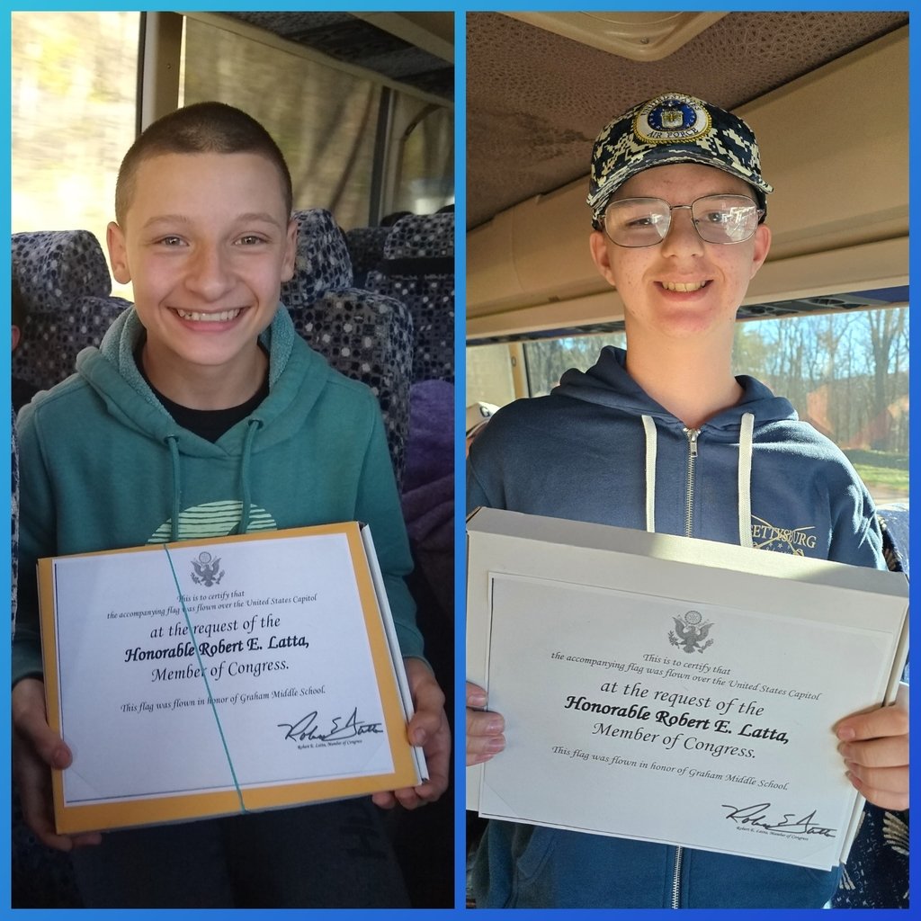 GrahamMidSchool's tweet photo. Every year on the DC trip, our tour guides from K&amp;K Tours bestows upon two students (one from each bus) a flag that has been flown over the US Capitol Building in honor of Graham Middle School. Congratulations to Briar and Carper. 
#GMS2DC2024 https://t.co/V1XmwFR5Y2