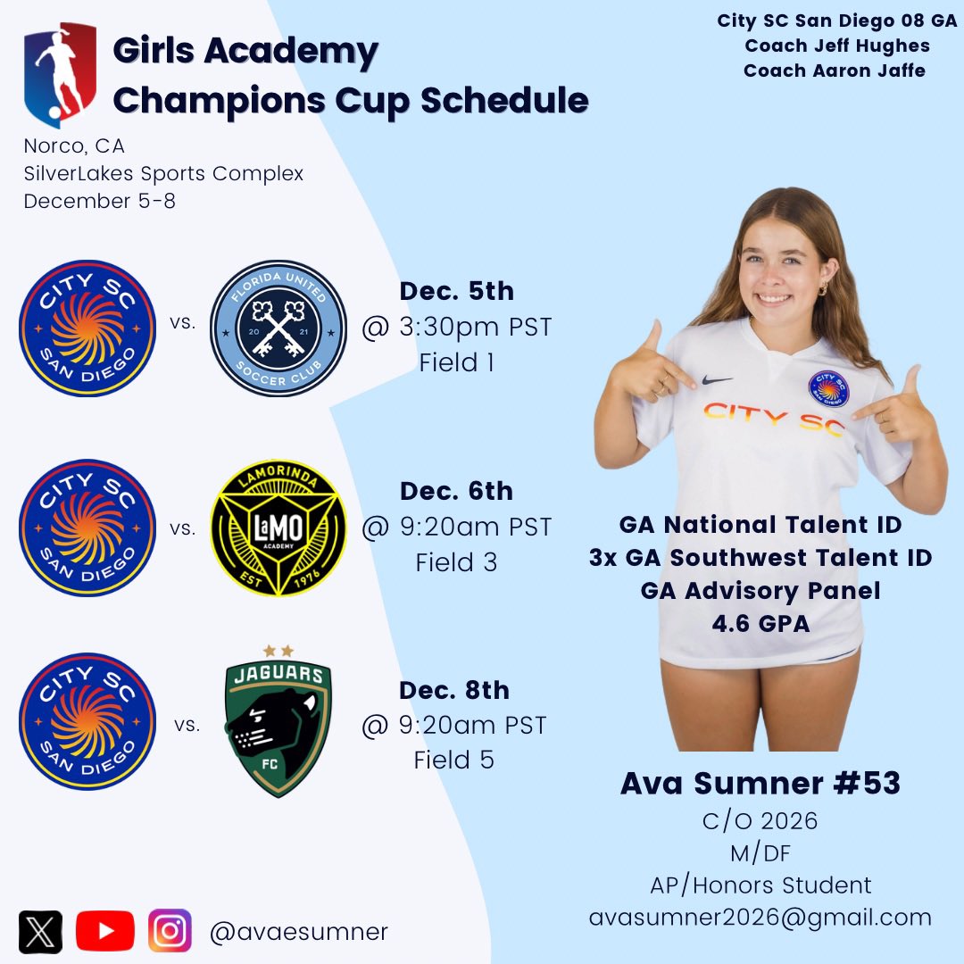 Here is my schedule for the GA Champions Cup 🏆 next week! Very excited to play against these competitive teams and showcase my skill set. All the information is below ⬇️⬇️⬇️

<a href="/ImYouthSoccer/">ECNL/GA/Recruiting/College Soccer</a> <a href="/SoCalGirlSoccer/">SoCalGirlsSoccer</a> <a href="/CitySC2008GA/">CitySC2008GA</a> <a href="/YoJaffe/">Aaron Jaffe</a>