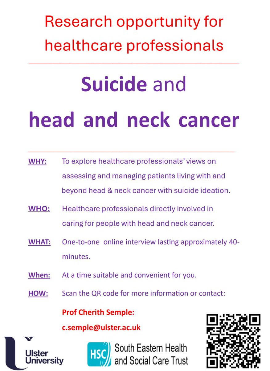 Dr Jeff Hanna (@drjhanna02) on Twitter photo 📢 Are you a #healthcare #professional working with people impacted by #HeadAndNeckCancer?
Consider taking part in the study ⤵️ to tell us about your #views of caring for patients who have thoughts of #suicide or #selfharm
Sign up at: app.onlinesurveys.jisc.ac.uk/s/ulster/hnc-p…
<a href="/semple_cherith/">Cherith Semple</a> 📢 Are you a #healthcare #professional working with people impacted by #HeadAndNeckCancer?
Consider taking part in the study ⤵️ to tell us about your #views of caring for patients who have thoughts of #suicide or #selfharm
Sign up at: app.onlinesurveys.jisc.ac.uk/s/ulster/hnc-p…
<a href="/semple_cherith/">Cherith Semple</a>