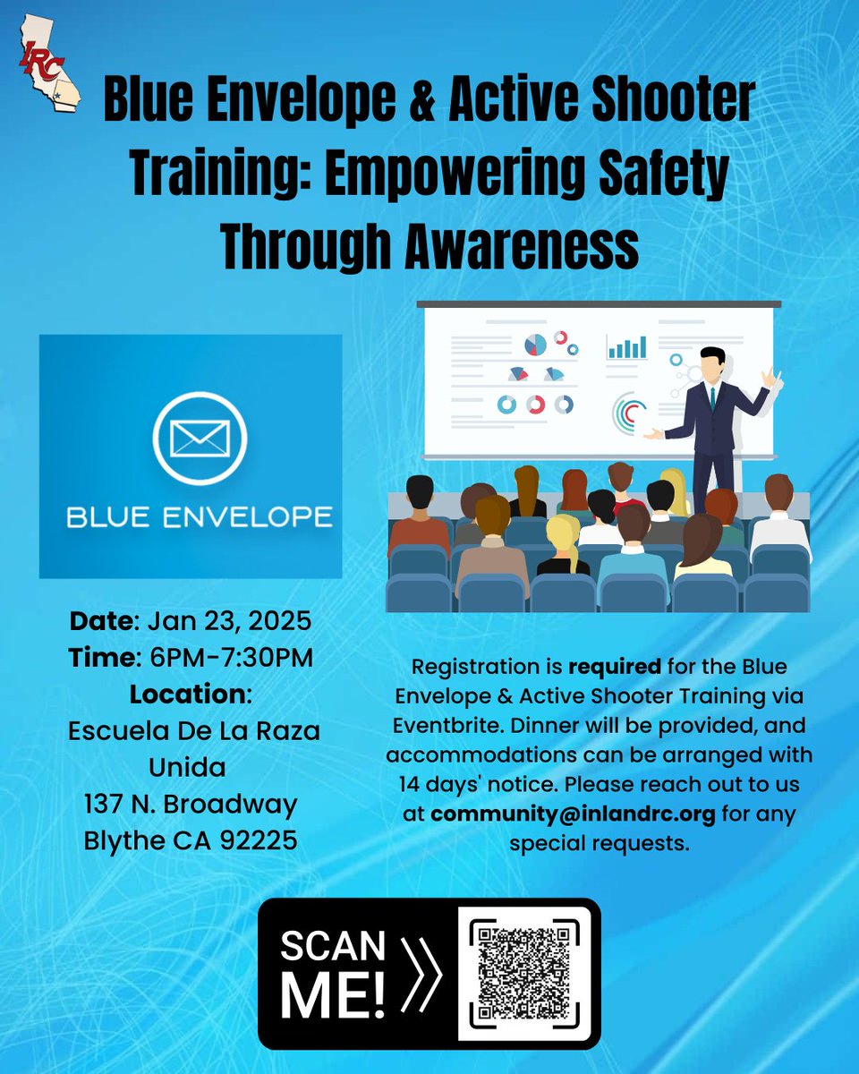 InlandRegional's tweet image. Join us for the Blue Envelope Active Shooter Training: Empowering Safety Through Awareness 🛡️ on Jan 23, 2025, 6:00–7:30 PM at Escuela De La Raza Unida (ERU)! Learn vital safety strategies. 🏛️
👉 Register now: inlandrc.org/pec-events/blu…   #SafetyFirst #CommunityTraining