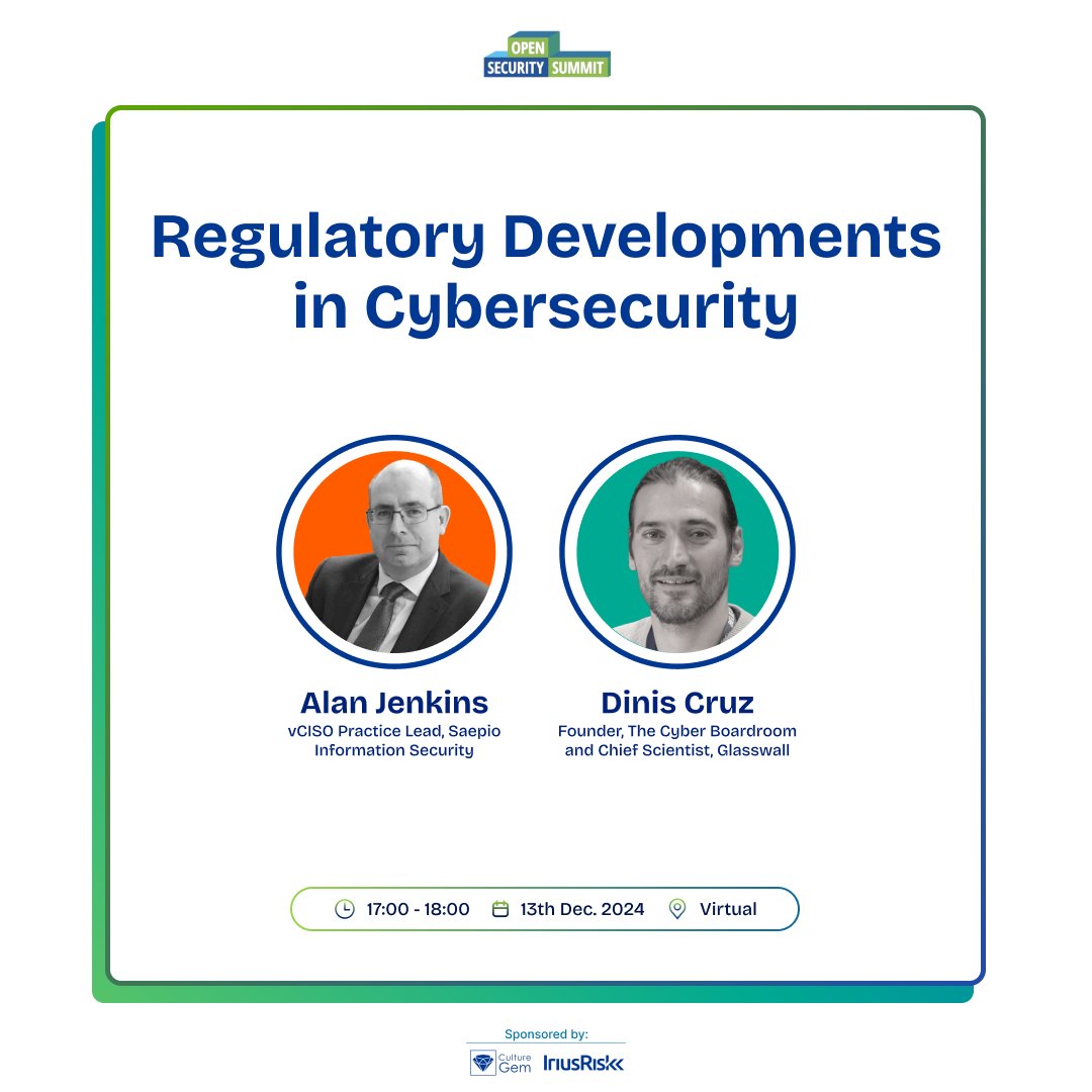 opensecsummit's tweet photo. 🚨Regulatory changes are reshaping cybersecurity. Join Alan Jenkins &amp; @DinisCruz on Dec 13th as they dive into the UK's #CyberSecurity &amp; Resilience Bill and its global implications.

💡Register to join FREE: https://t.co/8NfxoJD1Dz

#OSS2024 #Infosec #Compliance #CyberResilience https://t.co/cjltVhEzhl