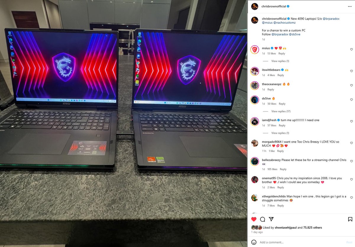 Paradox Customs (@brparadox) on Twitter photo While Chris Brown has been using the PC we built for him for the last 2 years, he finally needed something a little more mobile!
With the help of <a href="/msiUSA/">MSI Gaming USA</a> & <a href="/NachoCustomz/">Nachocustomz</a>, we hooked him up with 2 4090 laptops to play Warzone while he's traveling!🔥 While Chris Brown has been using the PC we built for him for the last 2 years, he finally needed something a little more mobile!
With the help of <a href="/msiUSA/">MSI Gaming USA</a> & <a href="/NachoCustomz/">Nachocustomz</a>, we hooked him up with 2 4090 laptops to play Warzone while he's traveling!🔥