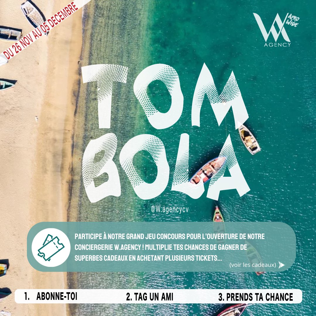 AfroWide_'s tweet photo. Pour l'ouverture de notre conciergerie au Cap-Vert 🇨🇻, on vous a préparé une super Tombola sur instagram (@w.agencycv) 🎉
#conciergerie #capvert #caboverde #aloha #concert #afrowide #afwnight https://t.co/adv01wFbZG