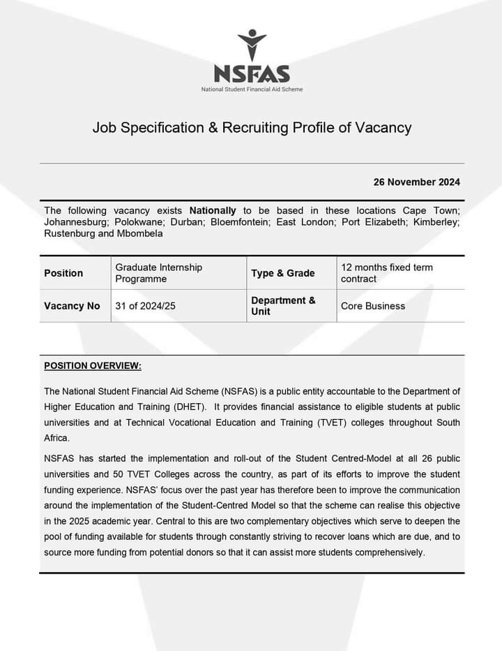 CarolBoitumelo1's tweet photo. NSFAS is looking for unemployed graduates to apply for Internship.

📌Graduate Internship Programme (many posts)

Closing Date 29 November 2024

Location: Cape Town; Johannesburg; Polokwane; Durban; Bloemfontein; East London; Port Elizabeth; Kimberley; Rustenburg; Mbombela

Apply online: 
https://t.co/wi0QGfqIyO