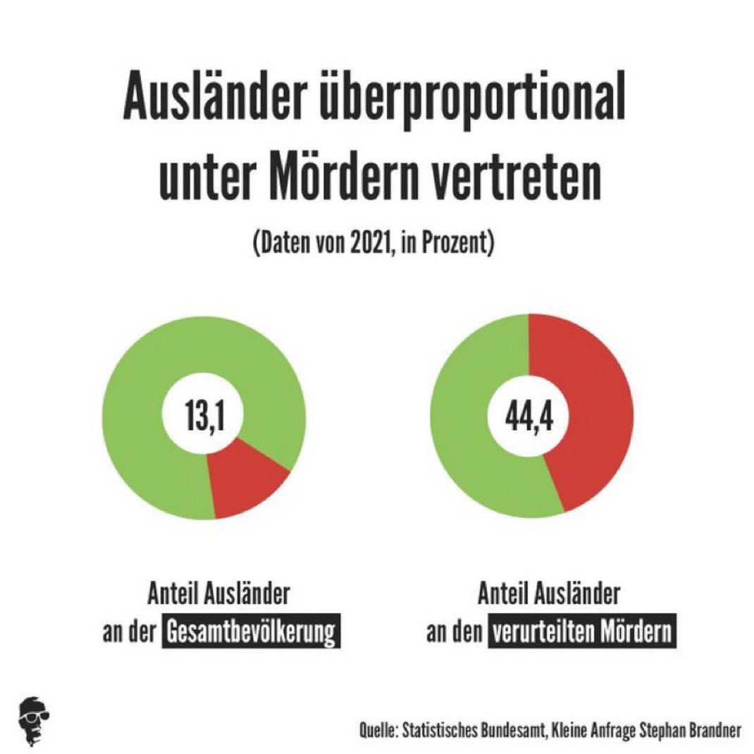 wallstwolverine's tweet photo. Los extranjeros cometen casi la mitad de los asesinatos en Alemania, siendo solo el 13% de la población.

Estas cifras no incluyen a los inmigrantes nacionalizados; sumando a estos, se estima que la cifra real podría superar el 80%. https://t.co/gaiTC0isDO