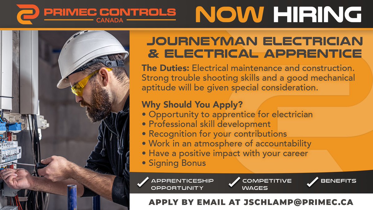 PRIMEC Controls Canada (@primeccontrols) on Twitter photo We are now hiring for Journeyman or Apprentice Electricians. If you're interested in joining our team, please submit cover letter & resume to jschlamp@primec.ca We are now hiring for Journeyman or Apprentice Electricians. If you're interested in joining our team, please submit cover letter & resume to jschlamp@primec.ca
