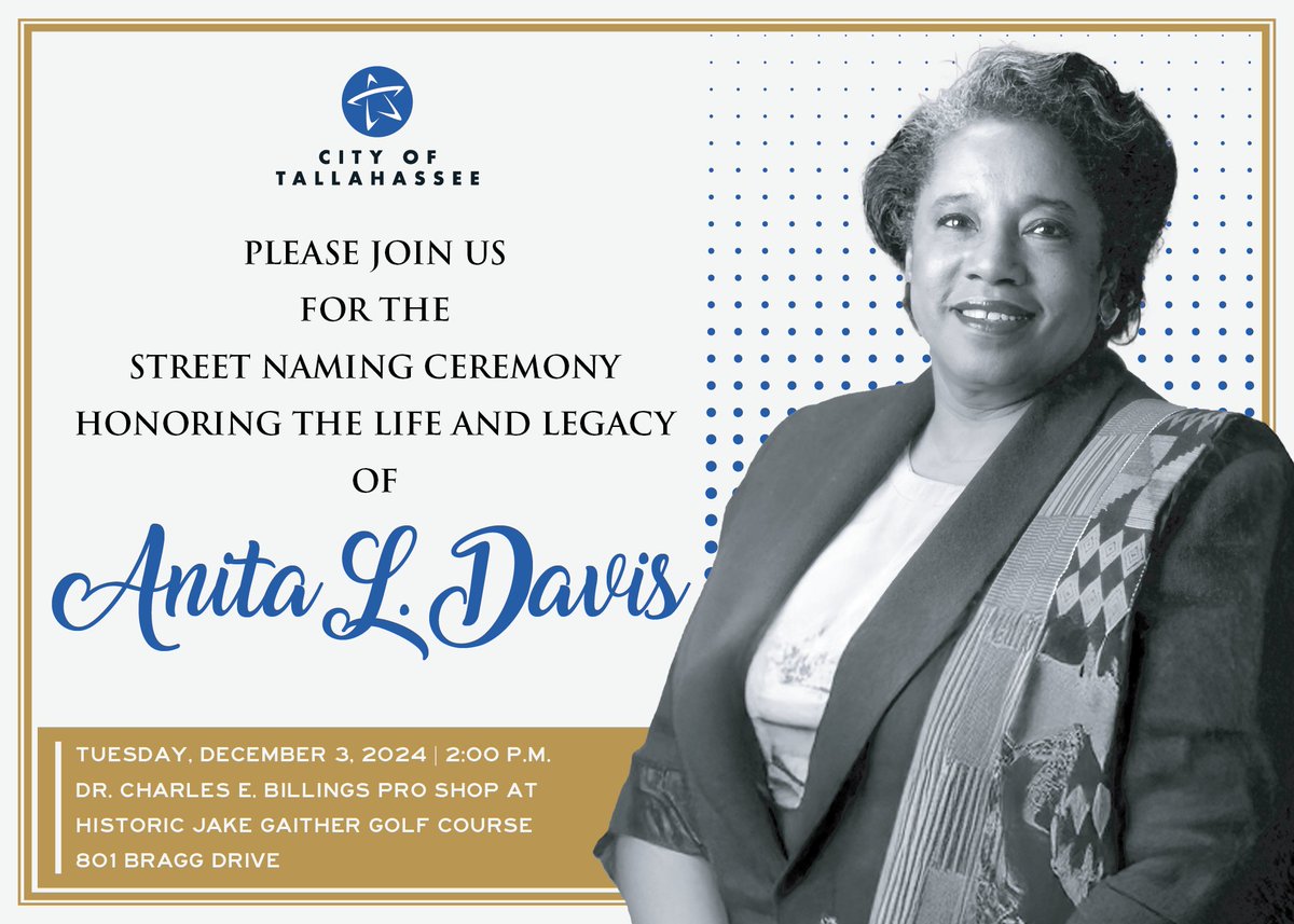 The City will commemorate late Civil Rights activist &amp; community advocate Anita Davis by naming a street in her honor, hosting a street naming ceremony on Tuesday, 12/3, at 2pm outside historic Jake Gaither Golf Course. bit.ly/3OtHEGm