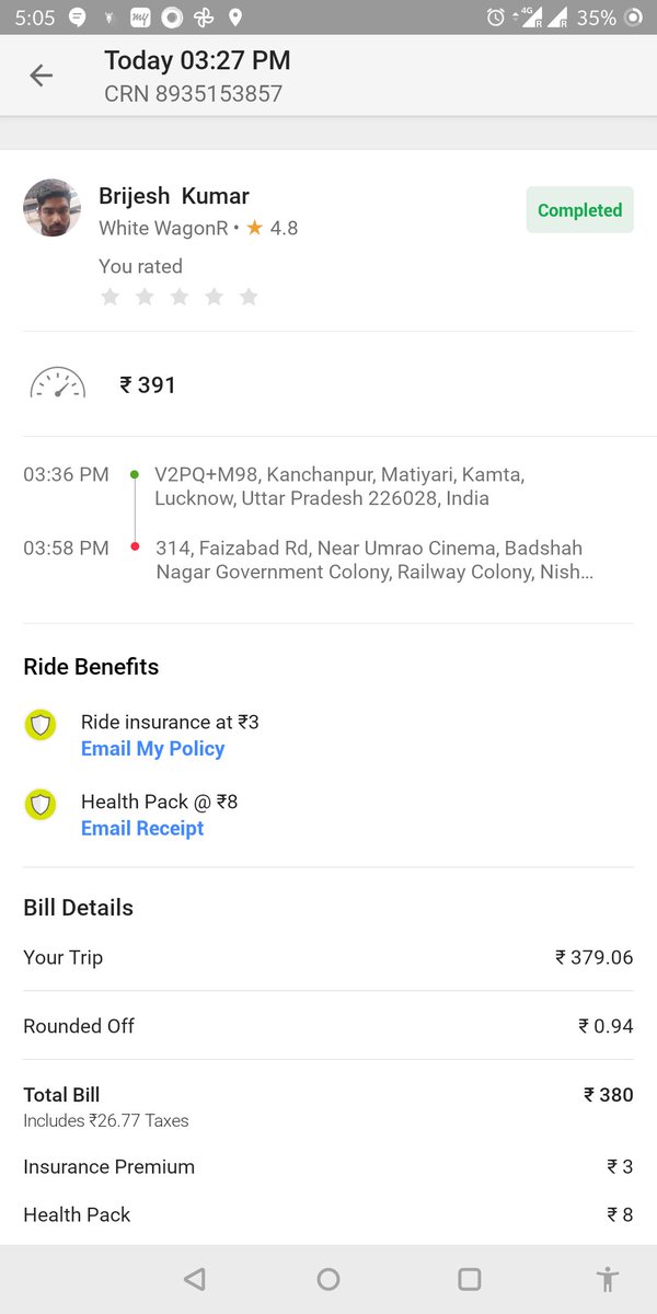 towards_nature's tweet photo. I booked a ride in lucknow from matiyari to baadshah nagar railway station through OLA app initially it was showing 110₹ ,there is no traffic in between,when ride is completed im have been charged 391₹ when i refused to pay , driver threaten me and call cops on me, https://t.co/wSErWJjRhP