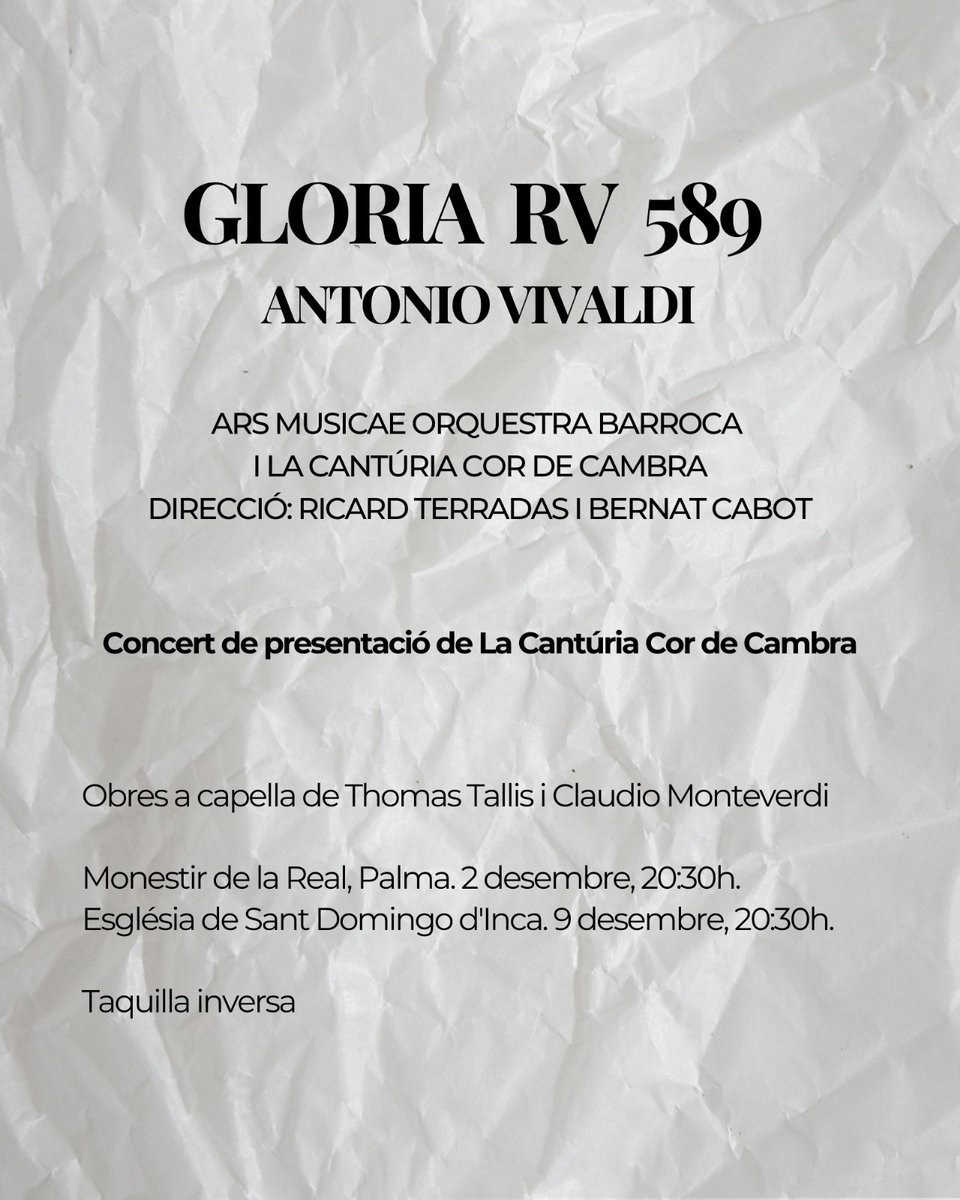 ars_musicae's tweet photo. Ahir assajàrem per segona vegada amb La Cantúria, cor de cambra, amb qui col·laborarem en els seus concerts inaugurals dilluns dia 2/12 a les 20'30 h a Sant Bernat de la Real i dia 9 de desembre a l'Església de Sant Domingo, d'Inca també a les 20'30 h.
Reservau-vos les dates! https://t.co/DumpI99xSw