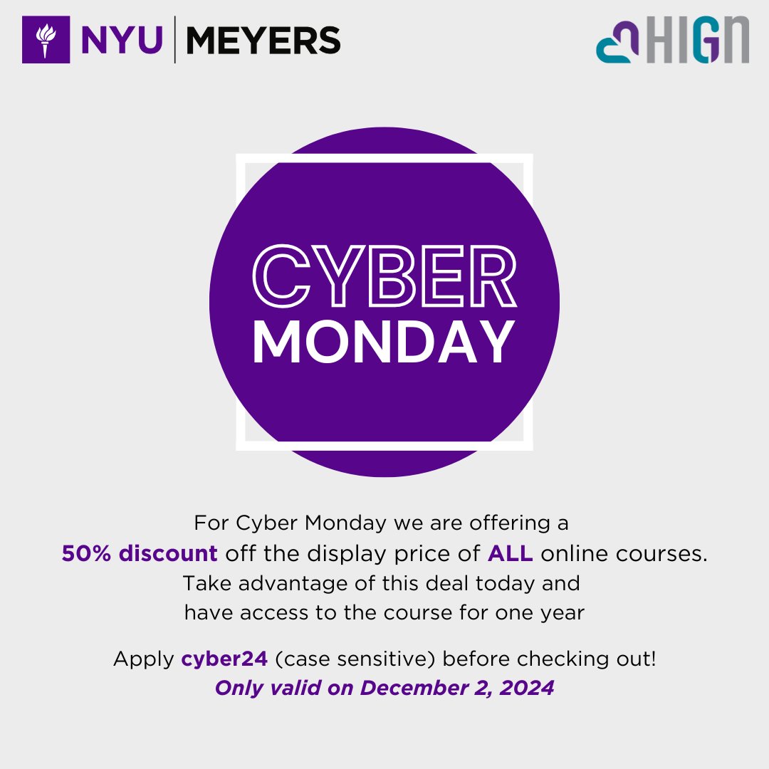 HIGN at NYU Meyers presents:
Cyber Monday | 50% off ALL Courses

#hign #cybermonday #cybermonday2024 #discount #onlinemodules #onlinelearning #nursing #cybermondaydeal #cybermondaydeal2024

#geriatric #geriatrics #gerontology #olderadults