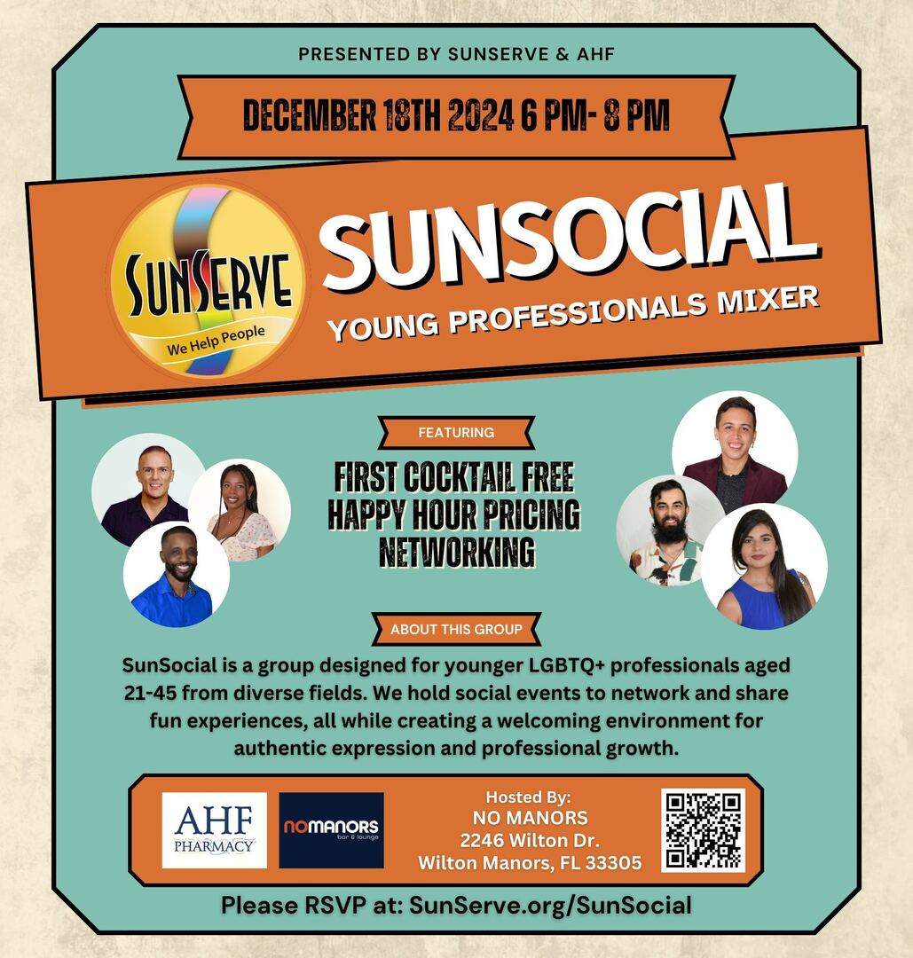 📢 Calling all Young Professionals! 🎉

Don’t miss SunSocial, a fantastic mixer for LGBTQ+ professionals (ages 21-45)! 🌈 Come network, enjoy your first cocktail FREE, and take advantage of happy hour pricing in a welcoming space filled with great energy… instagr.am/p/DC2MVm6yWq7/