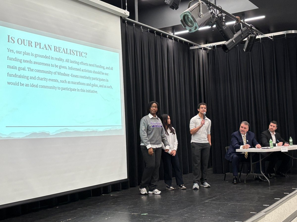 WECDSB's tweet photo. Students from @AssumptionH have been researching ways to combat homelessness in Windsor-Essex and today they presented ideas to local leaders: Tecumseh Deputy Mayor Joe Bachetti, Windsor Commissioner of Human and Health Services Andrew Daher, &amp; community activist Greg Lemay. https://t.co/cNkFkNnh4p