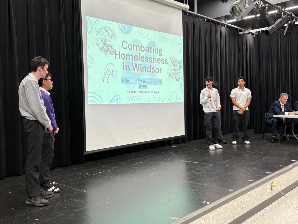 WECDSB's tweet photo. Students from @AssumptionH have been researching ways to combat homelessness in Windsor-Essex and today they presented ideas to local leaders: Tecumseh Deputy Mayor Joe Bachetti, Windsor Commissioner of Human and Health Services Andrew Daher, &amp; community activist Greg Lemay. https://t.co/cNkFkNnh4p