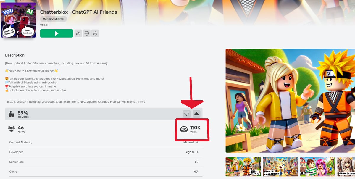 ego_ai_'s tweet image. Our Roblox Experience, Chatterblox, has hit over 110k visits!
Team is looking forward to polishing, adding new features and more. On the road to 1M.
Chatterblox.ai