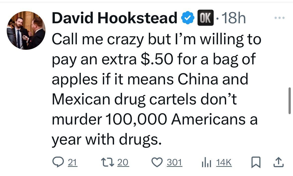 cturnbull1968's tweet photo. Allow me to phrase it differently for you, Dave. 

Are you willing to pay an average of 32% more for everything you consume, along with a massive drop to our GDP just so you don’t have to look at brown people? https://t.co/6zq7l5JXjv