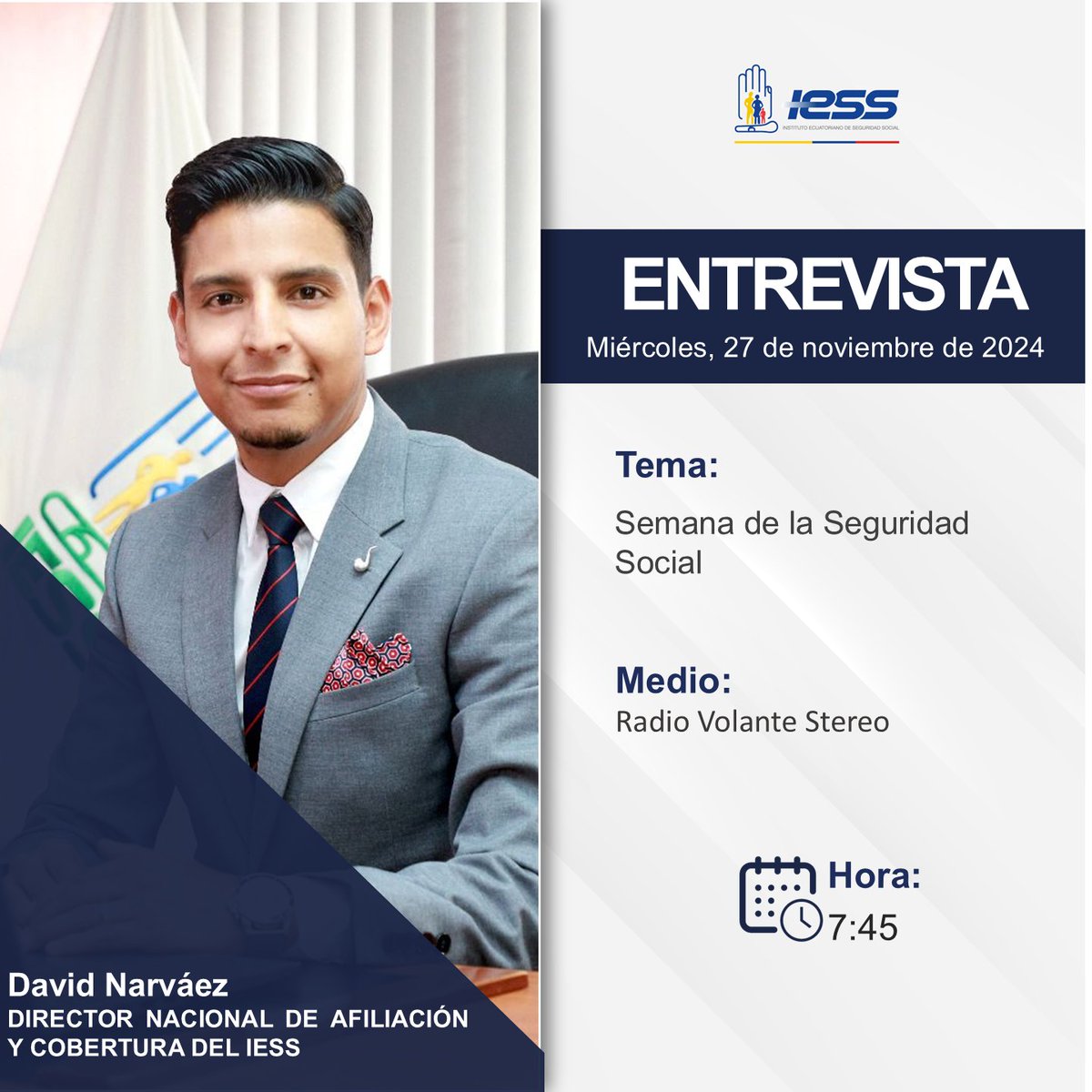 IESS_Manabi's tweet photo. #IESSenMedios | Sigue la entrevista de David Narváez, director nacional de Afiliación y Cobertura del @IESSec.

🗣️Semana de la Seguridad Social
📅 Miércoles, 27 de noviembre de 2024
⏰ 7:45
🎙️ Radio Volante Stereo https://t.co/CEwiX8E00f