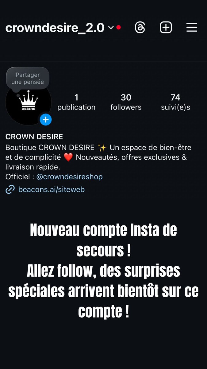 CrownDesireShop's tweet photo. Nouveau compte insta de secourt ! Pour les nouveaux abonnés il y aura une surprise prochainement !
#new
#insta https://t.co/3I28DHmTA8
