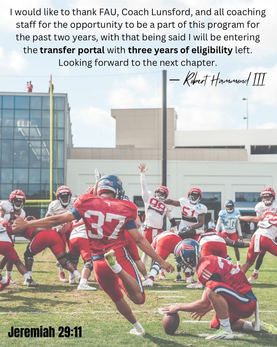Officially in the transfer portal with 3 years of eligibility remaining. Thankful for all my teammates and the relationships I’ve made. 

FAU film: youtu.be/iRd4HR63aKQ?si…