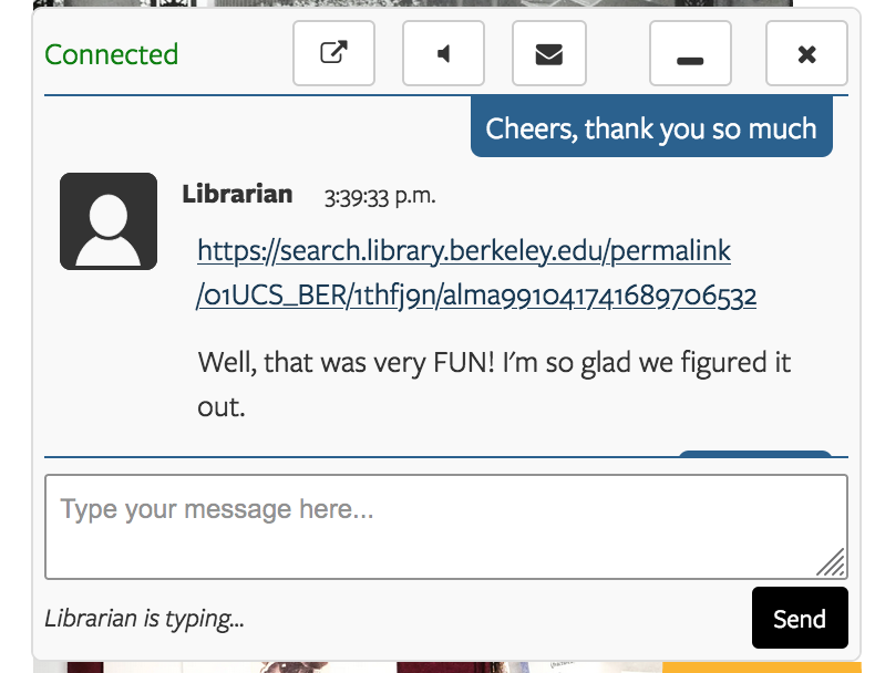 shoutout always to <a href="/UCBerkeleyLib/">UC Berkeley Library</a> live chat librarians, and especially to this real one lol