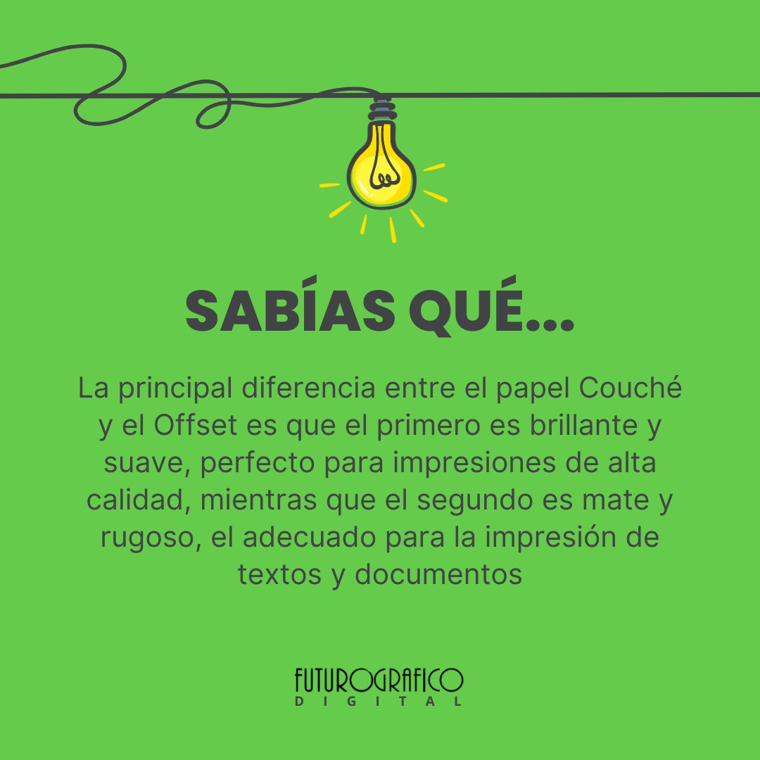 Futuro_Grafico's tweet image. El papel Couché es ideal para catálogos, folletos y materiales visuales que requieren ese toque extra de elegancia

El papel Offset es ideal para textos y documentos donde la legibilidad es clave

#ImpresiónDeCalidad #PapelCouché #PapelOffset #Imprenta #Copistería #FuturoGráfico