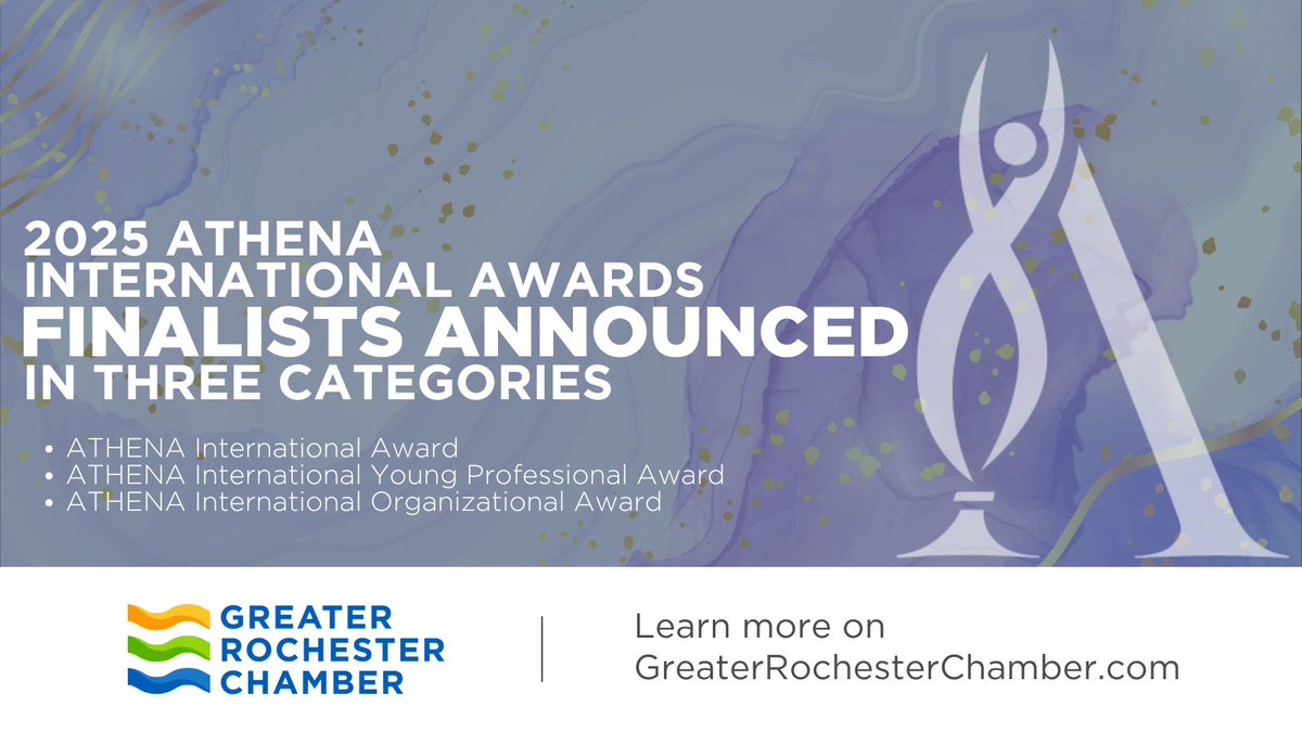 Greater Rochester Chamber (@rochesterchambr) on Twitter photo Greater Rochester Chamber is pleased to announce 27 finalists for its 2025 ATHENA International Awards which will be presented at a ceremony in February to honor and empower #GreaterROCās female leaders in business.
Read more & meet our 2025 finalists: greaterrochesterchamber.com/2024/11/26/gre⦠Greater Rochester Chamber is pleased to announce 27 finalists for its 2025 ATHENA International Awards which will be presented at a ceremony in February to honor and empower #GreaterROCās female leaders in business.
Read more & meet our 2025 finalists: greaterrochesterchamber.com/2024/11/26/greā¦
