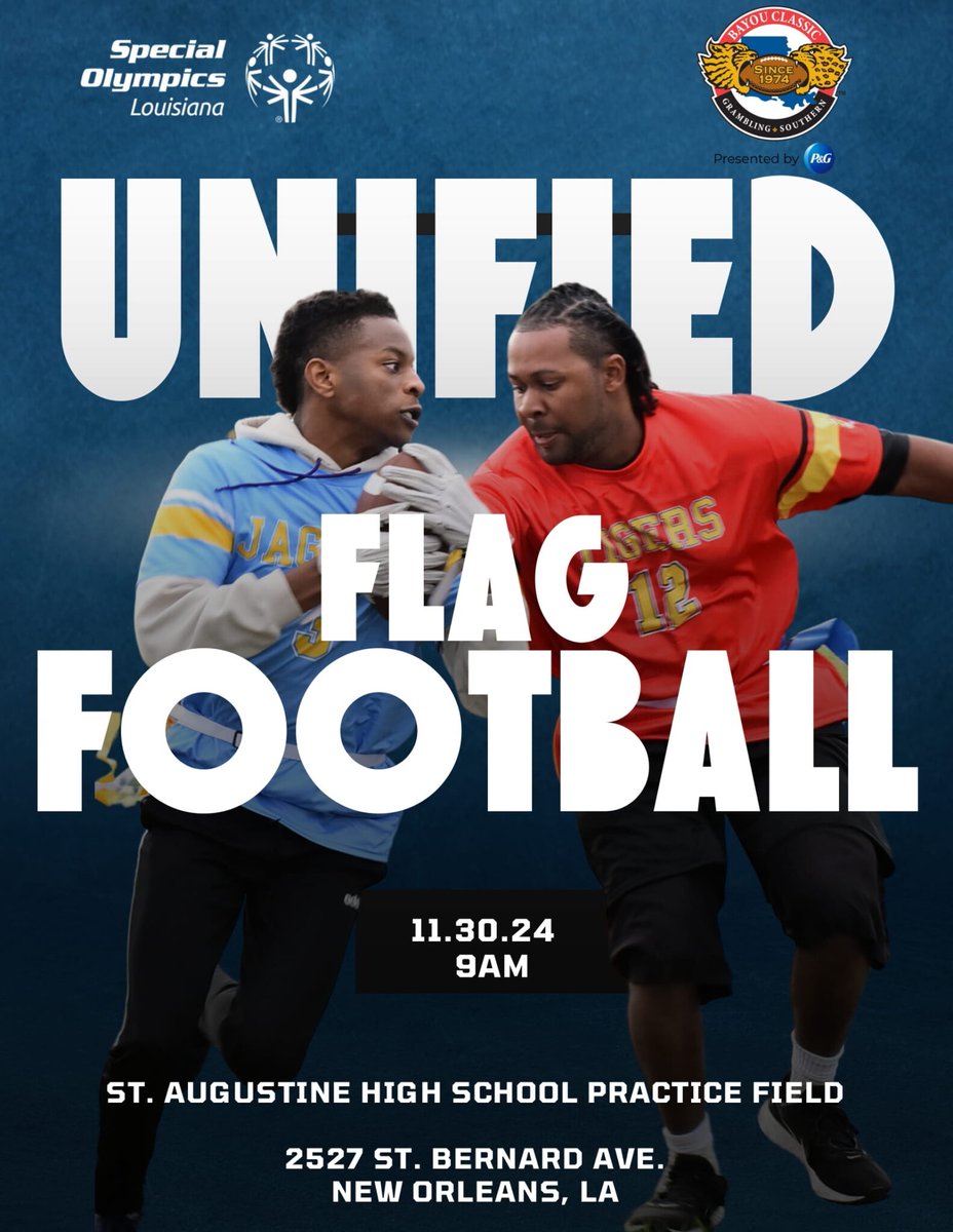 Game Time for a Great Cause! Join us for the Unified Flag Football Game presented by Special Olympics Louisiana! 

📅 Saturday, Nov. 30
🕘 9:00 AM
📍 St. Augustine High School Practice Field

Come cheer on these incredible athletes and be part of something truly special! 🙌💙💛