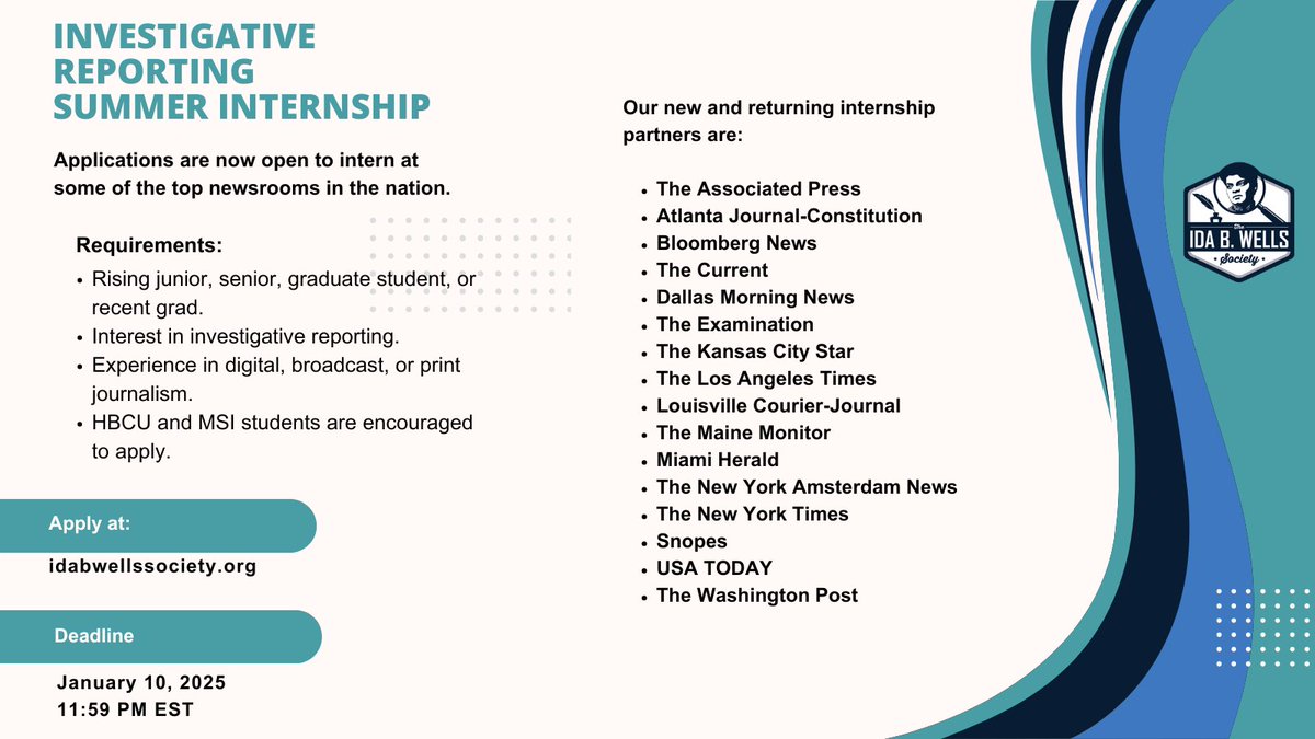 IBWellsSociety's tweet image. Our investigative reporting internship is back and it's the biggest it's ever been! For 2025, we have SIXTEEN internships open with some of the country's top publications!

Juniors, seniors, grad students and recent grads are welcome to apply. Learn more: idabwellssociety.org/news/2025-inte…