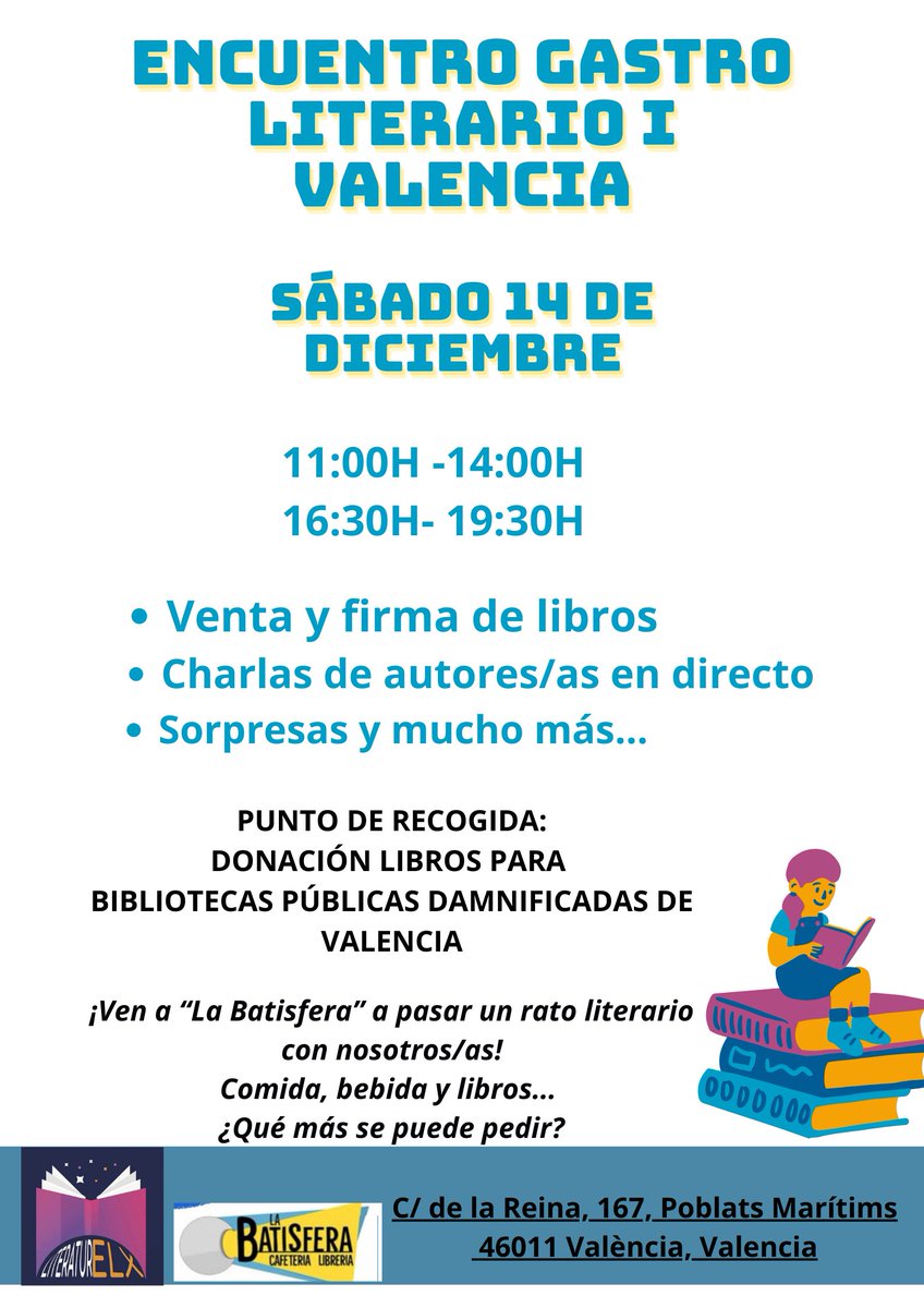 MariaLeivag's tweet photo. ¿Eres escritor/escritora de Valencia?

El 14 de diciembre (sábado) estaremos en #LaBatisfera, una librería/cafetería chulísima para un «Encuentro Gastro Literario» con firmas de libros, charlas y recogidas de libros para ayudar a las bibliotecas 🥰⬇️

https://t.co/gzeKZZh5Fx https://t.co/Y0r3URakor