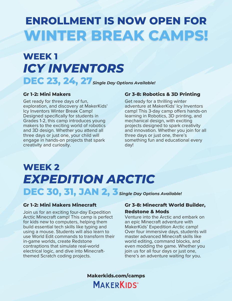 Winter break Camps at MakerKids are live! Have holiday plans? We're flexible - you can book individual days or the full week!