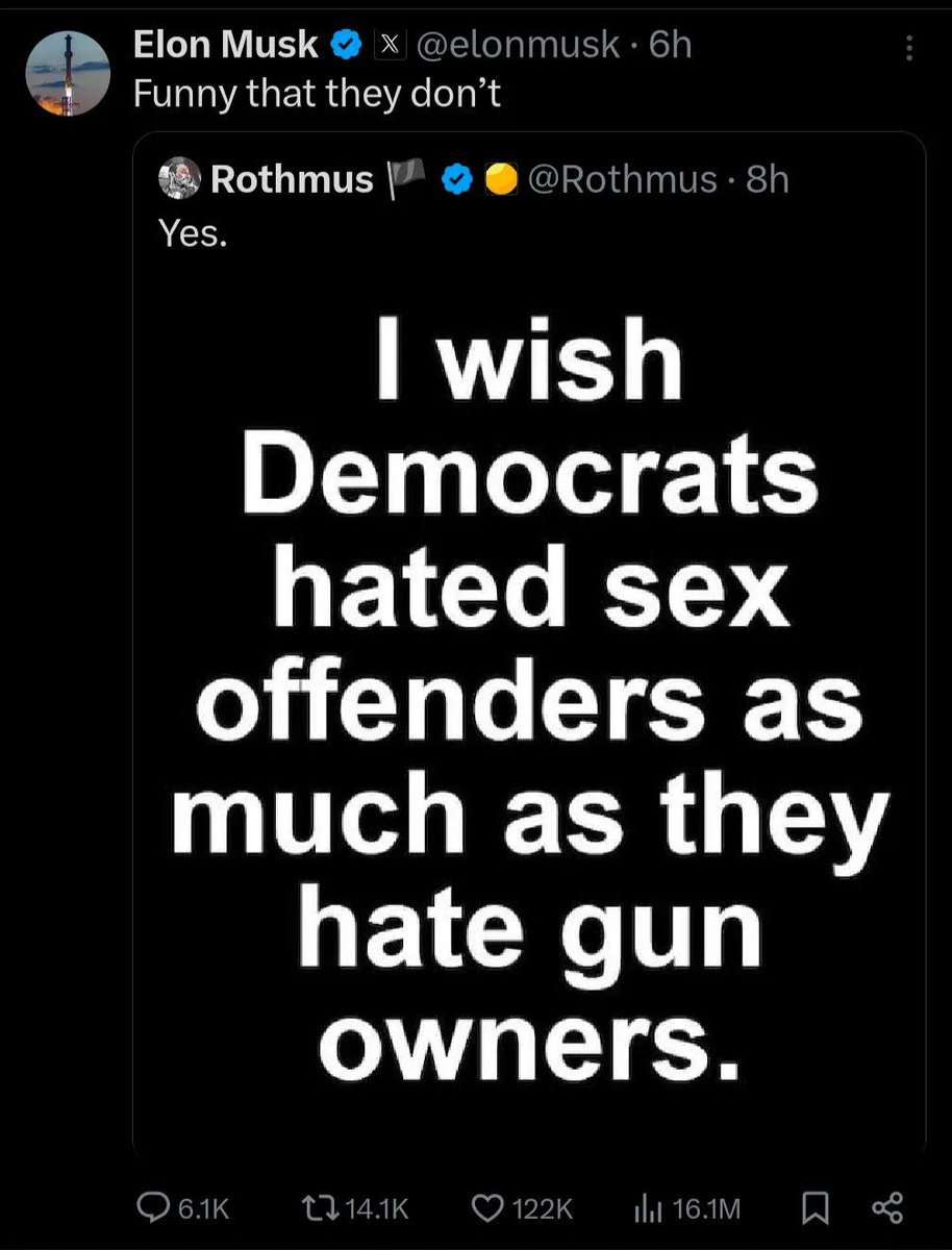 GeoffScanlan's tweet image. It was part Elon's idea to put Matt Gaetz, a highly credibly accused child sex trafficker, as AG, oh, and Trump u
is a rapist.
You don't get to lecture anyone about supporting Sex Offenders.