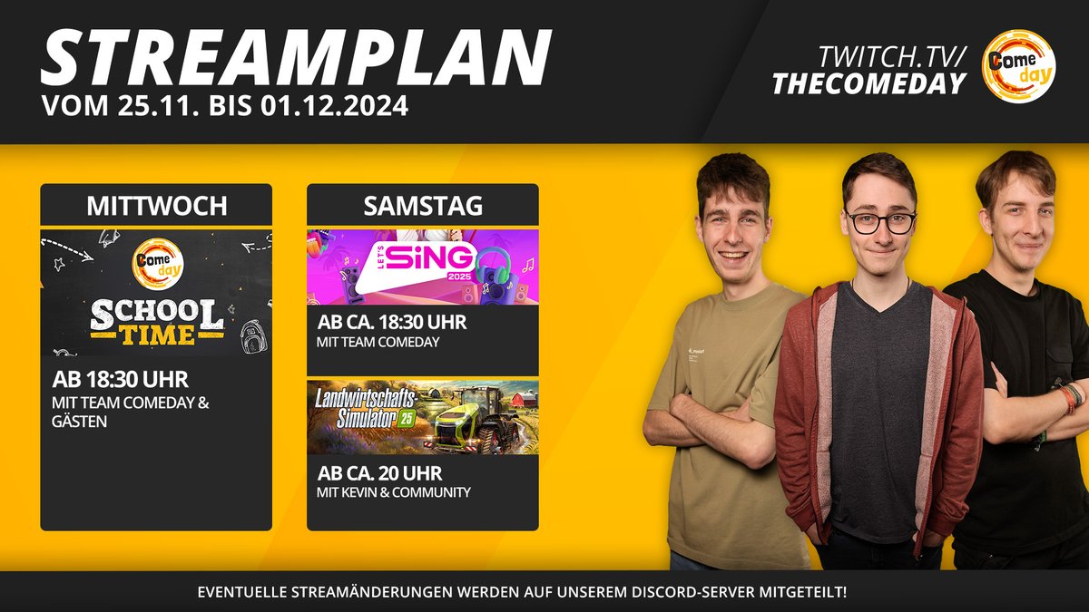 Am Mittwoch geht's zurück auf die Schulbank bei der zweiten Ausgabe von Comeday School-Time 🎒 Und am Samstag lösen wir das Donation-Goal von der Comeday LAN ein und werden euch unsere Singkünste in #LetsSing2025 präsentieren🤪 Anschließend wird geackert im #FarmingSimulator25 🚜
