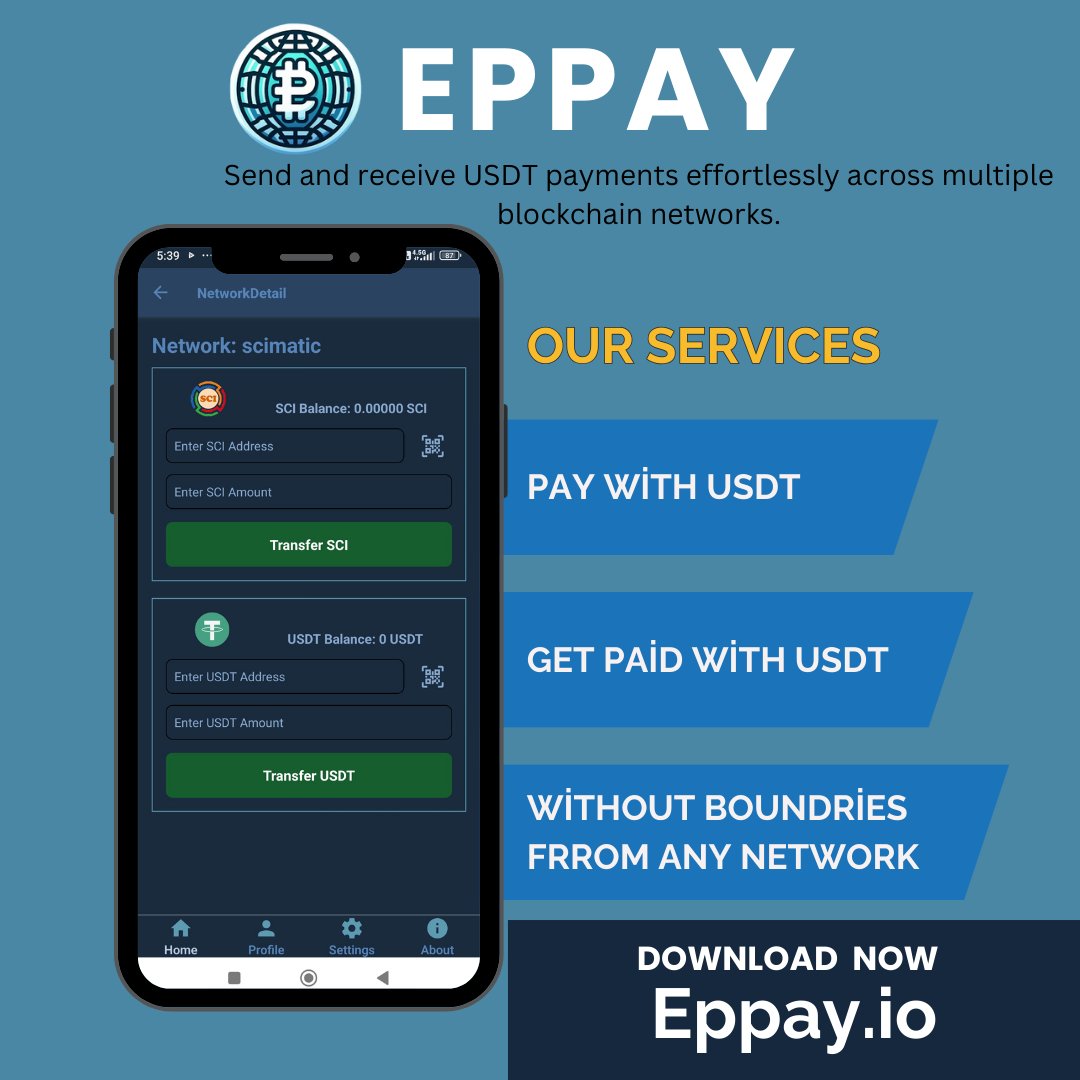 SciHybrid's tweet photo. 🌟Simplify your crypto transactions with EPPay!
🚀 Send &amp; receive USDT across multiple blockchains securely &amp; privately.
🔗 QR code payments, no banks, no borders. Experience decentralized finance
#EPPay #CryptoPayments #DecentralizedFinance #USDT #Blockchain #Web3 #CryptoGateway https://t.co/UY1Rv4pJwg