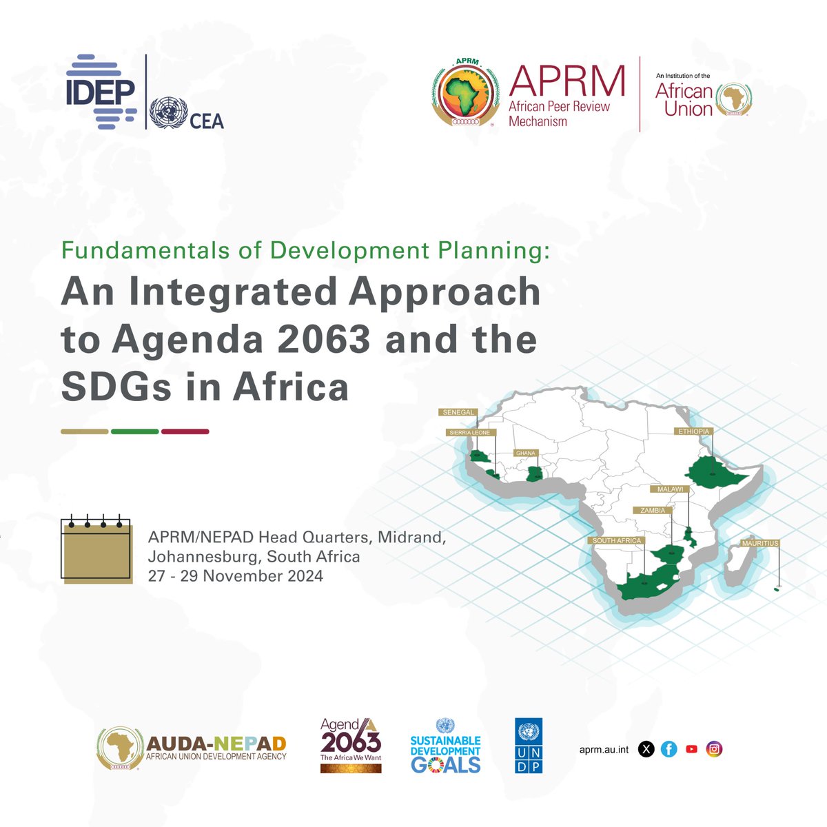 Tomorrow, 27 November, the APRM, in collaboration with the African Institute for Economic Development Planning (<a href="/IDEPOfficial/">IDEP Africa</a> ), will co-host an Experts Workshop on the Fundamentals of Development Planning to promote integrated planning in Africa.

The workshop aims to