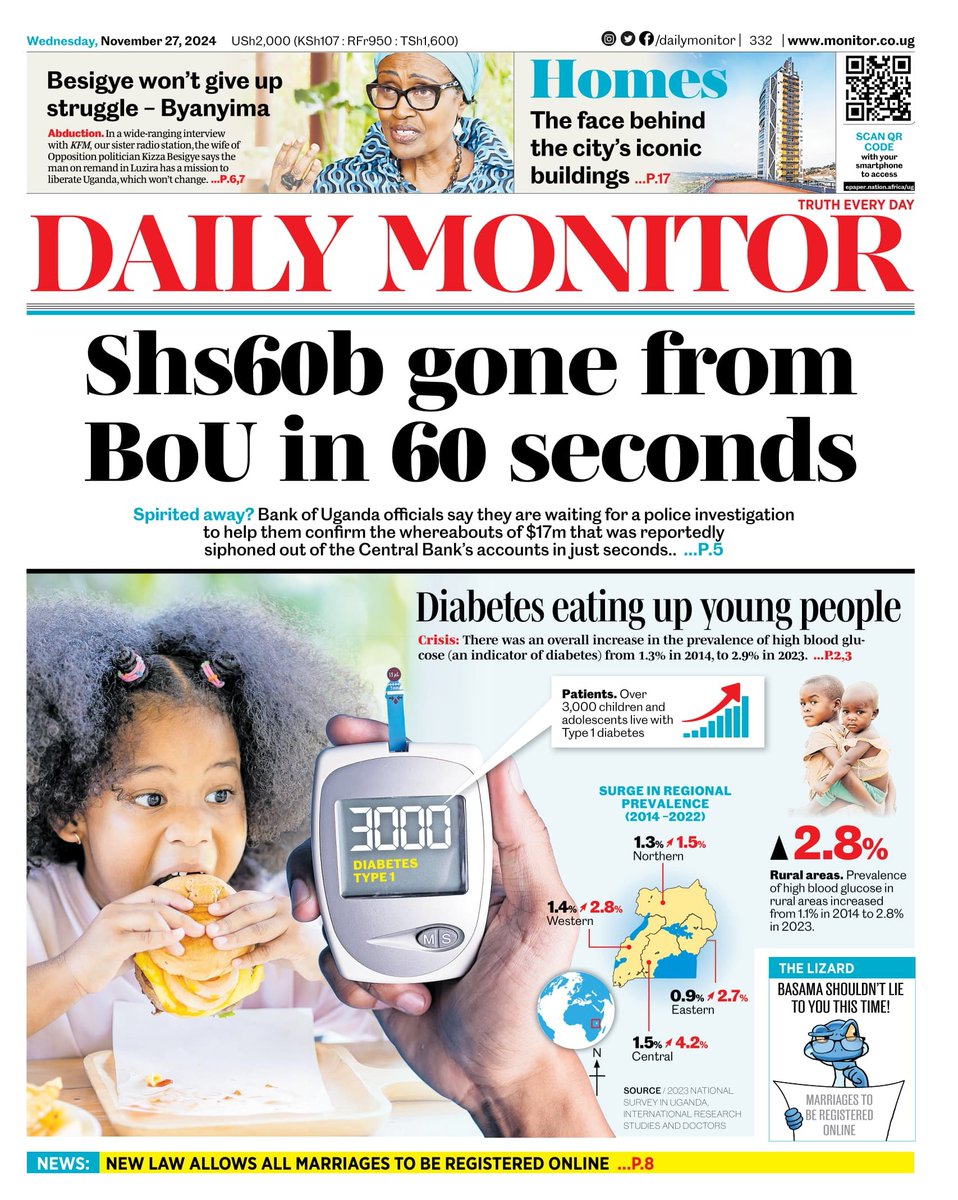 Spirited away? 
Bank of Uganda officials say they are waiting for a police investigation to help them confirm the whereabouts of over Shs60 billion that was reportedly siphoned out of the Central Bank’s accounts in just seconds.
Click to access ePaper:  epaper.nation.africa/ug