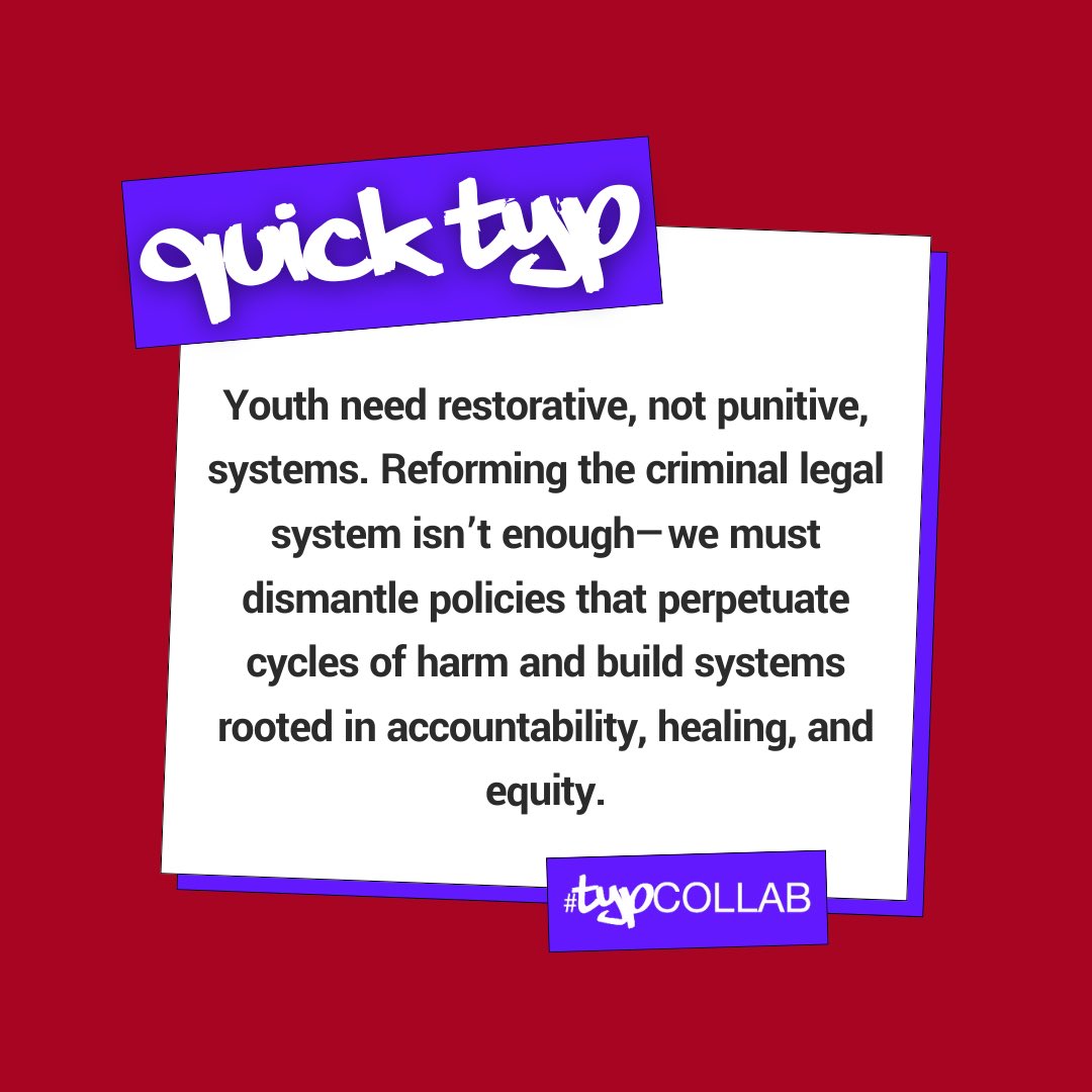 typcollab's tweet photo. Reforming the criminal legal system isn’t enough. Youth need restorative systems that break cycles of harm and center accountability, healing, and equity. It’s time for transformative change. 

#TYPCollab #RestorativeJustice #YouthAdvocacy #Equity #TransformativeChange https://t.co/o48xrvoxQn