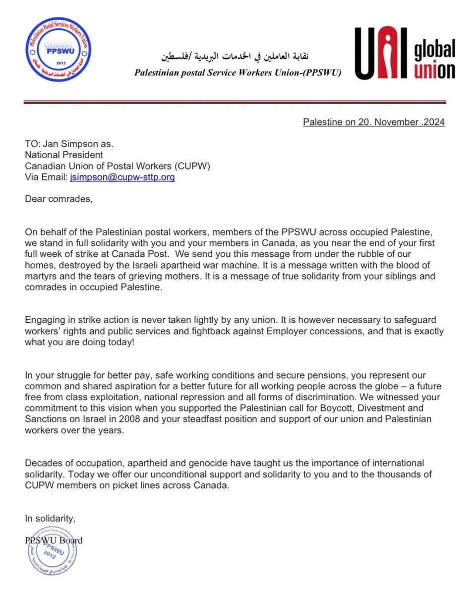 Labour for Palestine (@palestinelabour) on Twitter photo On November 20th, 2024, the Palestinian Postal Service workers Union (PPSWU) released a message of solidarity for striking Postal Workers <a href="/cupw/">CUPW</a> here in Canada. 
Once again, the Palestinian labour movement shows profound leadership in International Solidarity. ✊🇵🇸 On November 20th, 2024, the Palestinian Postal Service workers Union (PPSWU) released a message of solidarity for striking Postal Workers <a href="/cupw/">CUPW</a> here in Canada. 
Once again, the Palestinian labour movement shows profound leadership in International Solidarity. ✊🇵🇸