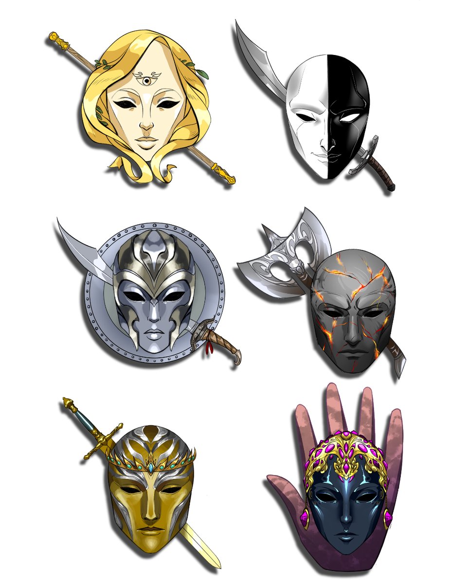 Elven deities syimbols designs I did for a client. 
I love to try new things like this while still being within the fantasy realm! The idea was representing each deity with a mask. What do you think?

My commissions are still open, BTW! Check my pinned tweet for info^^